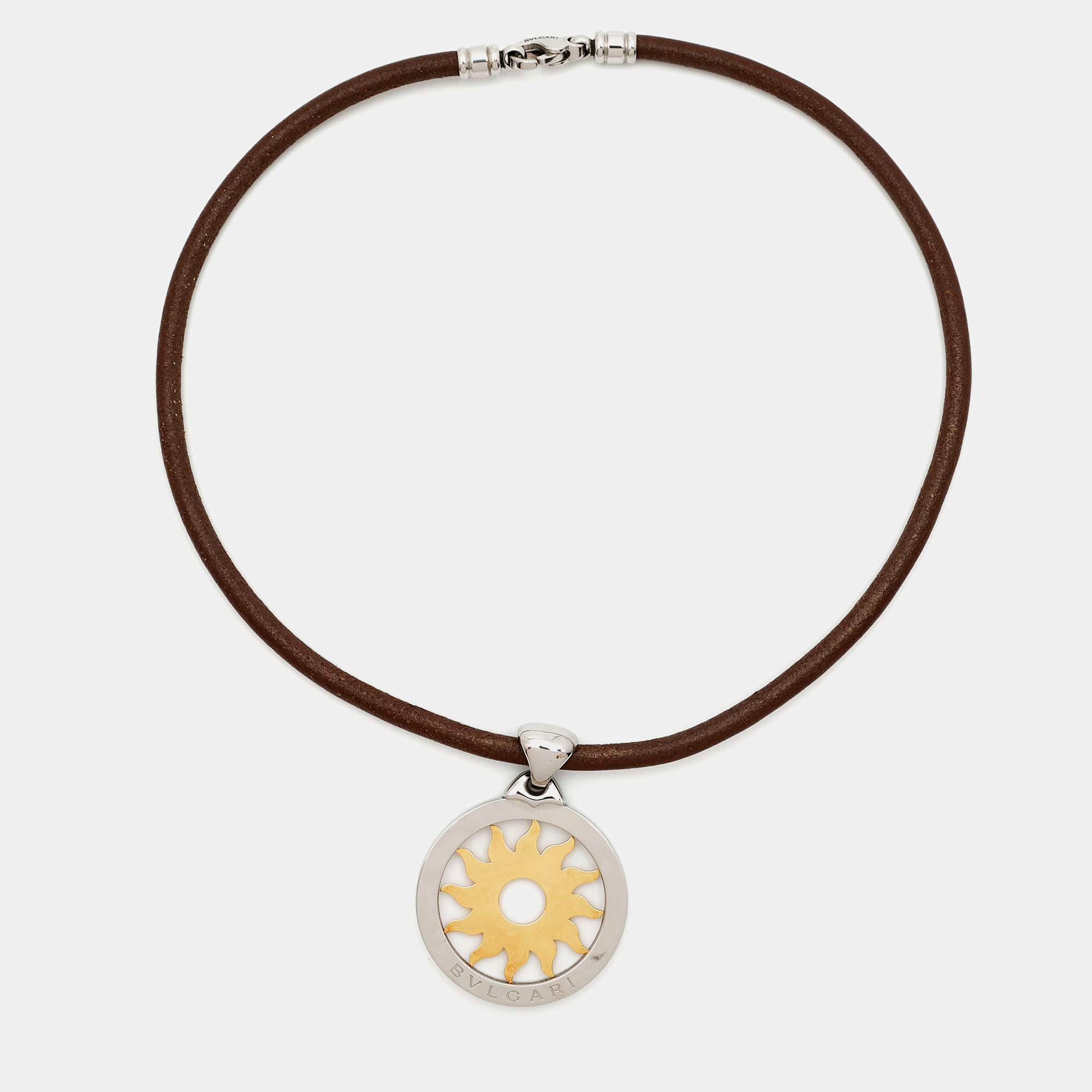 Pre-owned Bvlgari Tondo Sun 18k Yellow Gold & Stainless Steel Pendant Cord Necklace