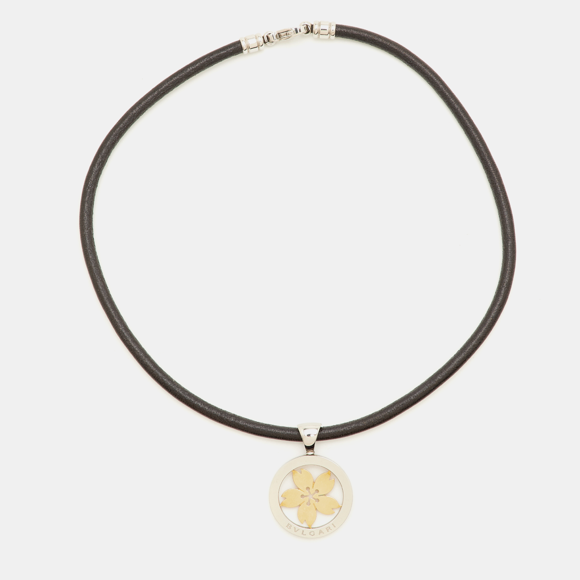 

Bvlgari Tondo Sakura Flower Stainless Steel 18k Yellow Gold Pendant Cord Necklace