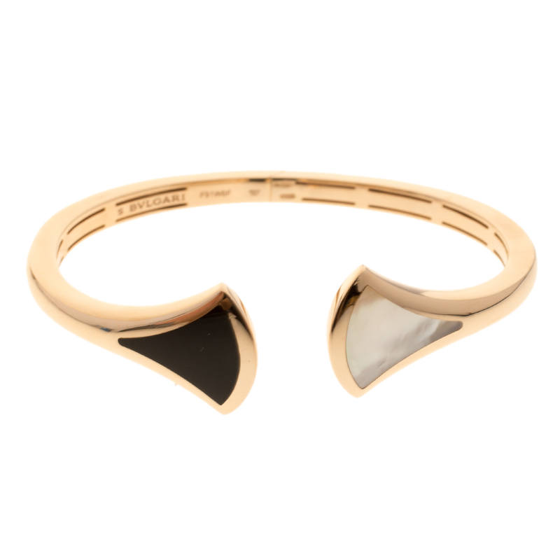 Pre Owned Bvlgari Divas' Dream Mother of Pearl & Onyx 18k Rose Gold Open Cuff Bracelet S