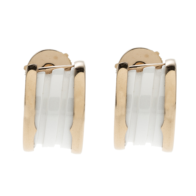 Pre Owned Bvlgari B.Zero1 White Ceramic 18k Rose Gold Earrings