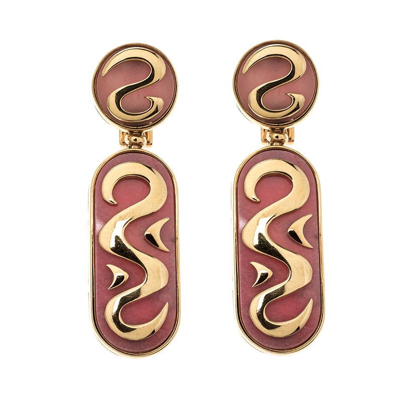 Pre Owned Bvlgari Vintage Rhodochrosite Inlay 18k Yellow Gold Clip-on Drop Earrings