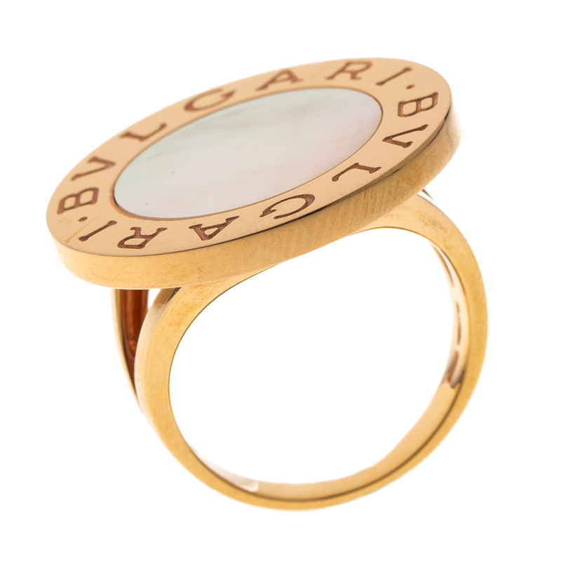 Bvlgari Mother of Pearl Inlay 18k Rose Gold Circular Ring Size 58