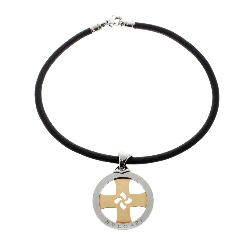 

Bvlgari Tondo Cross 18k Gold & Stainless Steel Pendant Cord Necklace