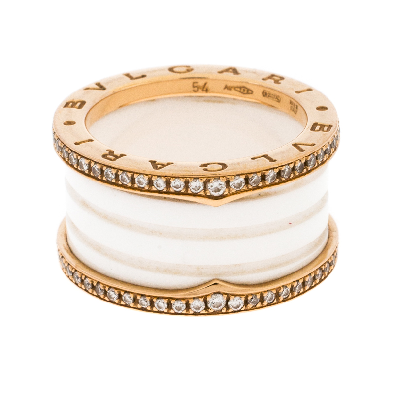 

Bvlgari B.Zero1 White Ceramic Pave Diamond 18K Rose Gold 4-Band Ring Size