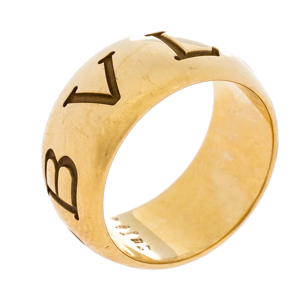 Pre Owned Bvlgari Monologo 18K Yellow Gold Band Ring Size 57