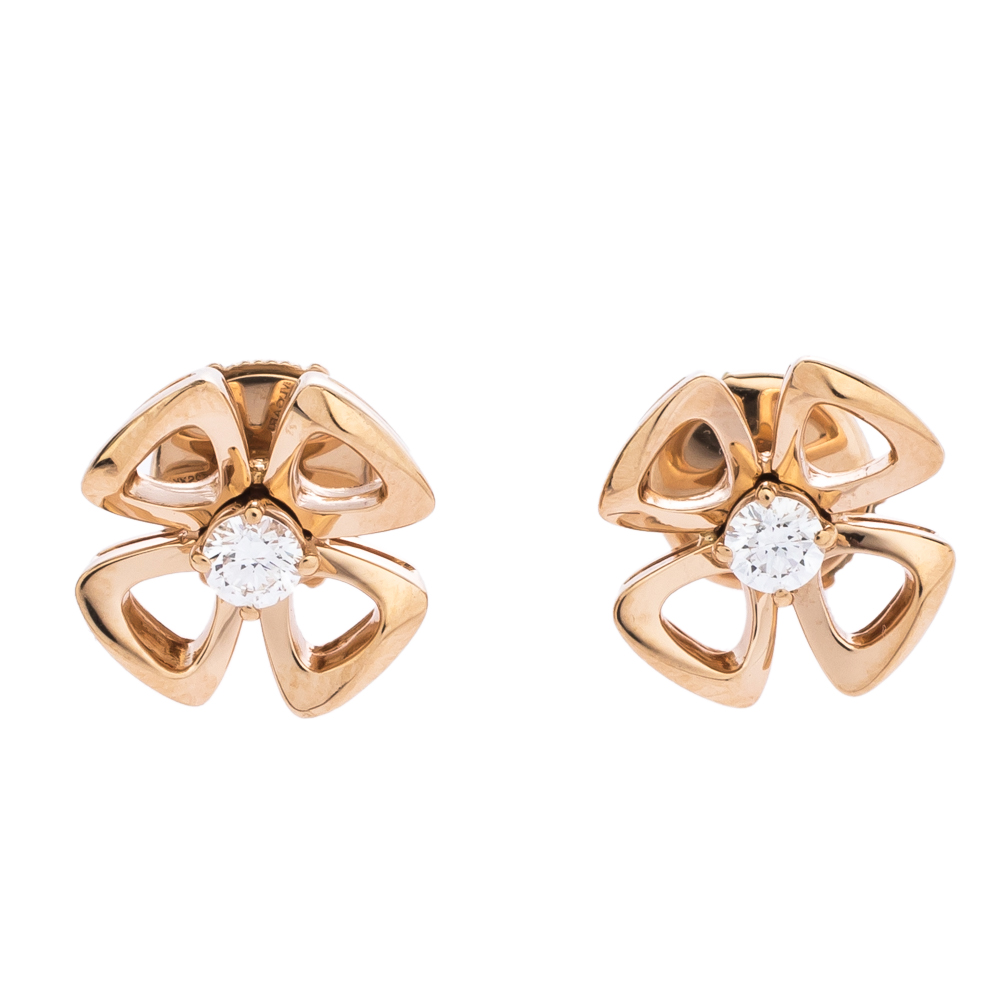 Bvlgari Fiorever Diamond 18K Rose Gold Flower Stud Earrings 