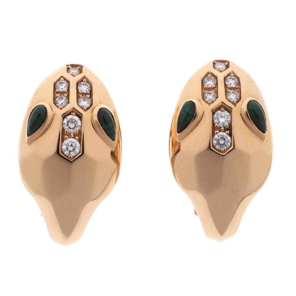 Bvlgari Serpenti Diamond Malachite 18K Rose Gold Stud Earrings 