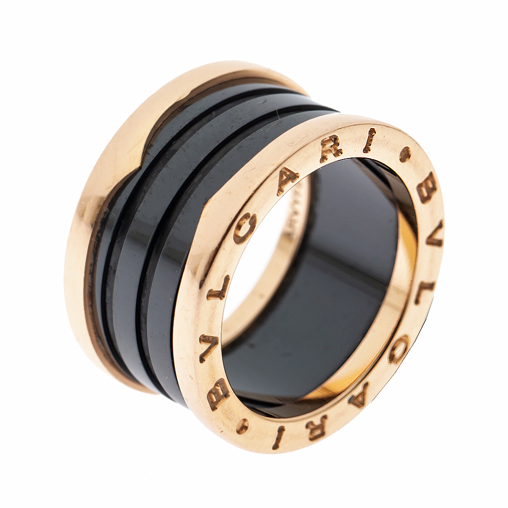 Bvlgari B.Zero1 Black Ceramic 18K Rose Gold Band Ring Size 54