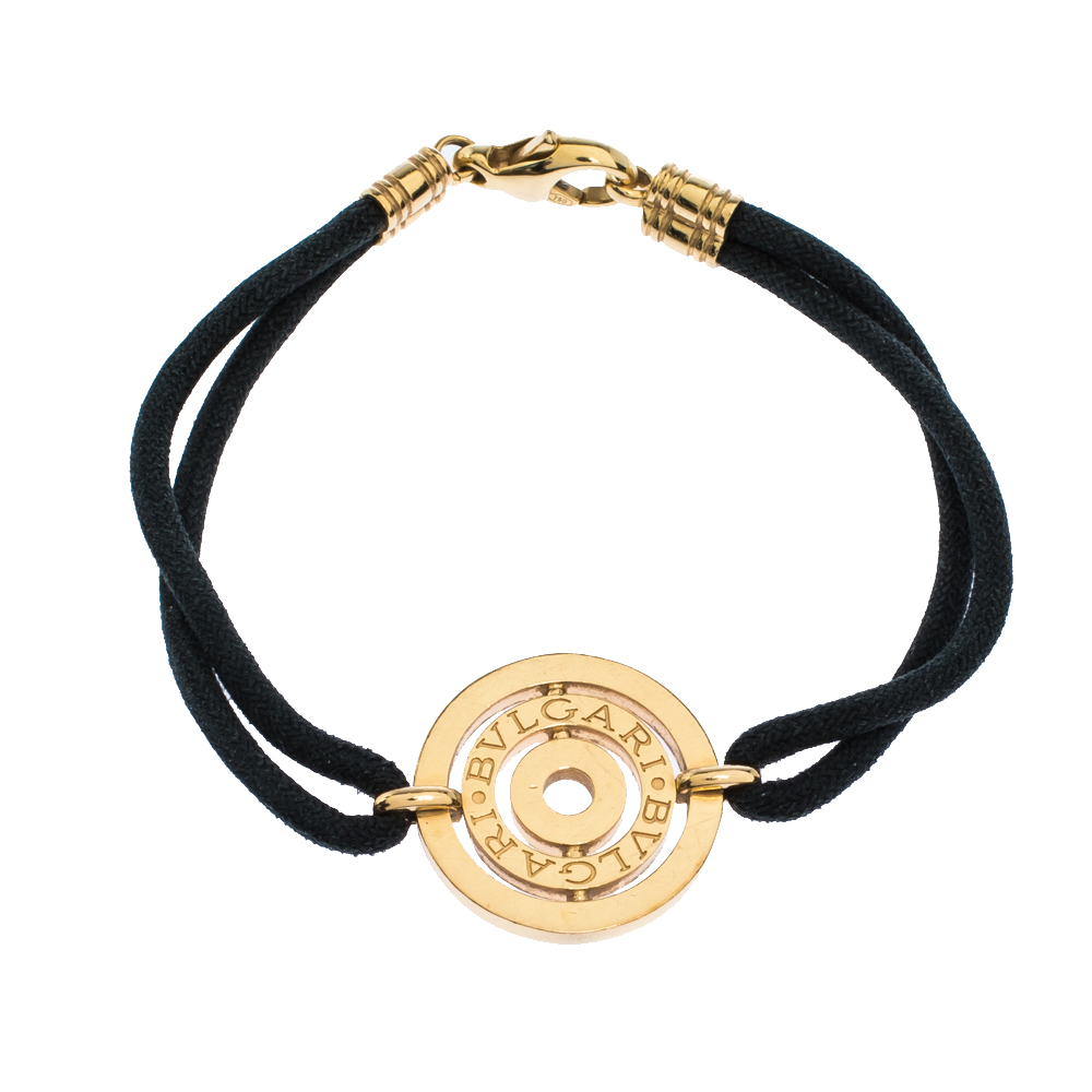 Pre Owned Bvlgari Engraved Circle Charm 18K Yellow Gold Black Cord Bracelet