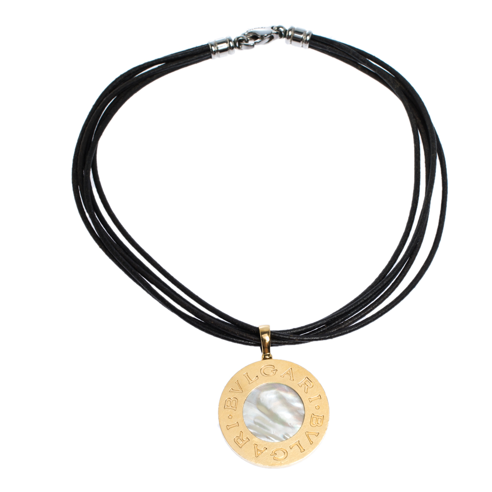 

Bvlgari 18K Yellow Gold Steel MOP Onyx Pendant Leather Cord Necklace