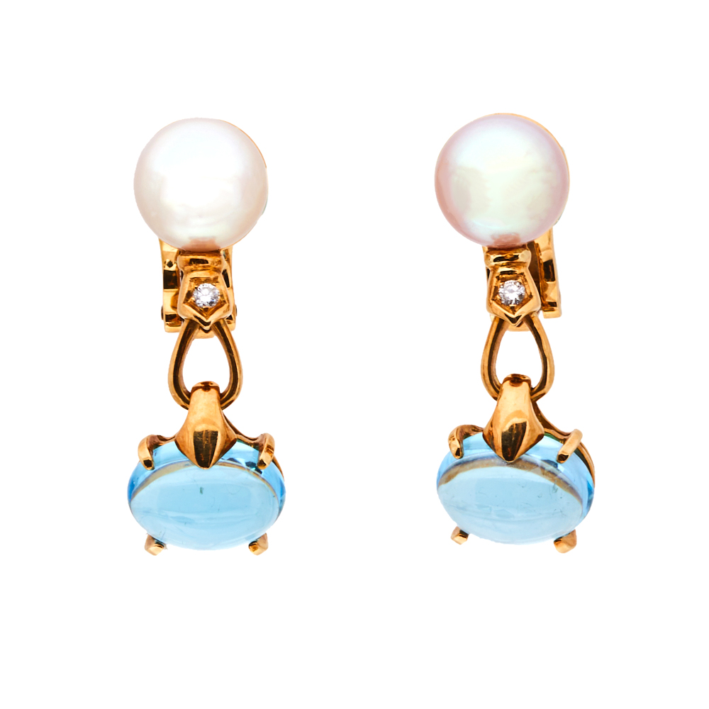Pre Owned Bvlgari Allegra Cultured Pearl Diamond Blue Topaz 18k Yellow Gold Clip On Drop Earrings