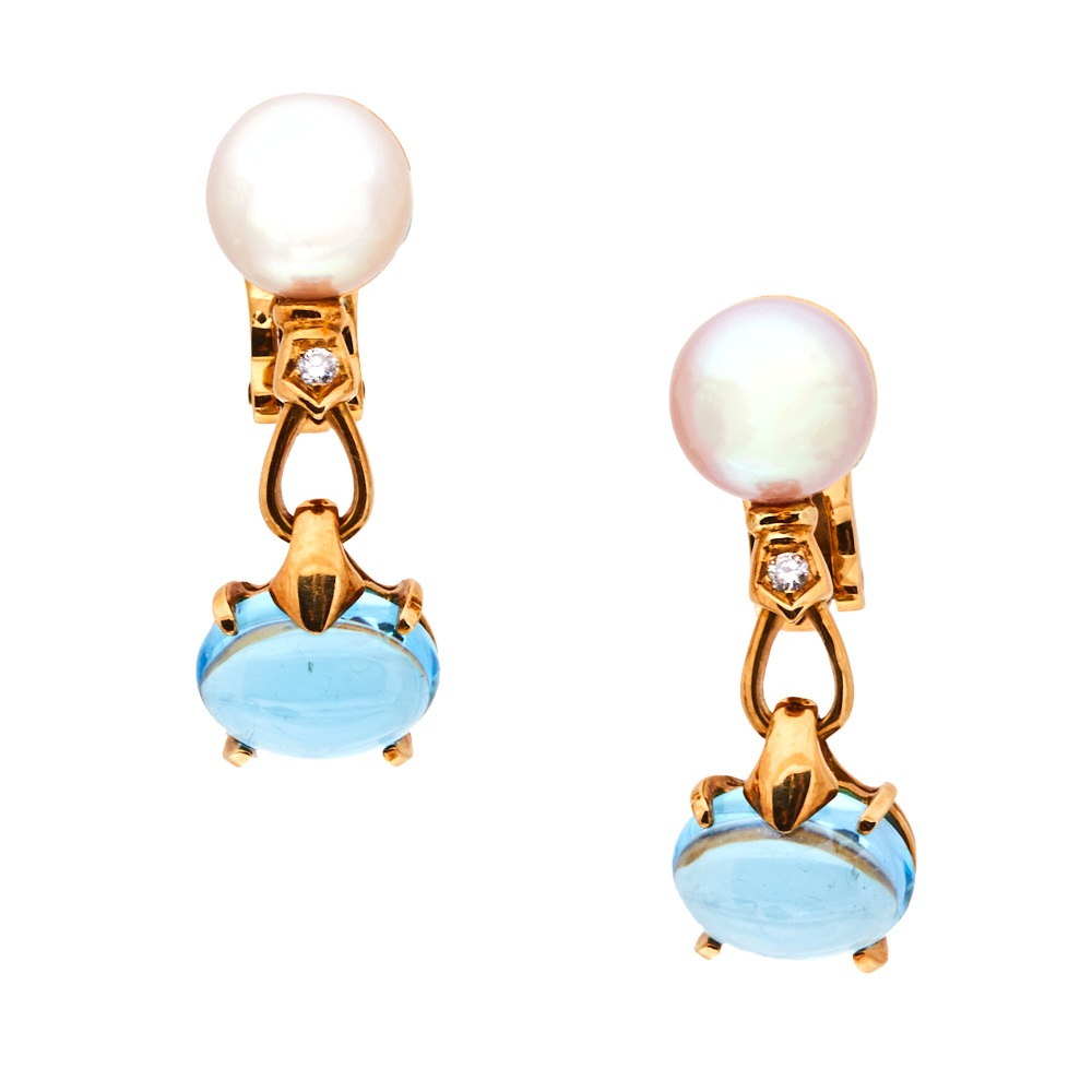 

Bvlgari Allegra Cultured Pearl Diamond Blue Topaz 18k Yellow Gold Clip On Drop Earrings