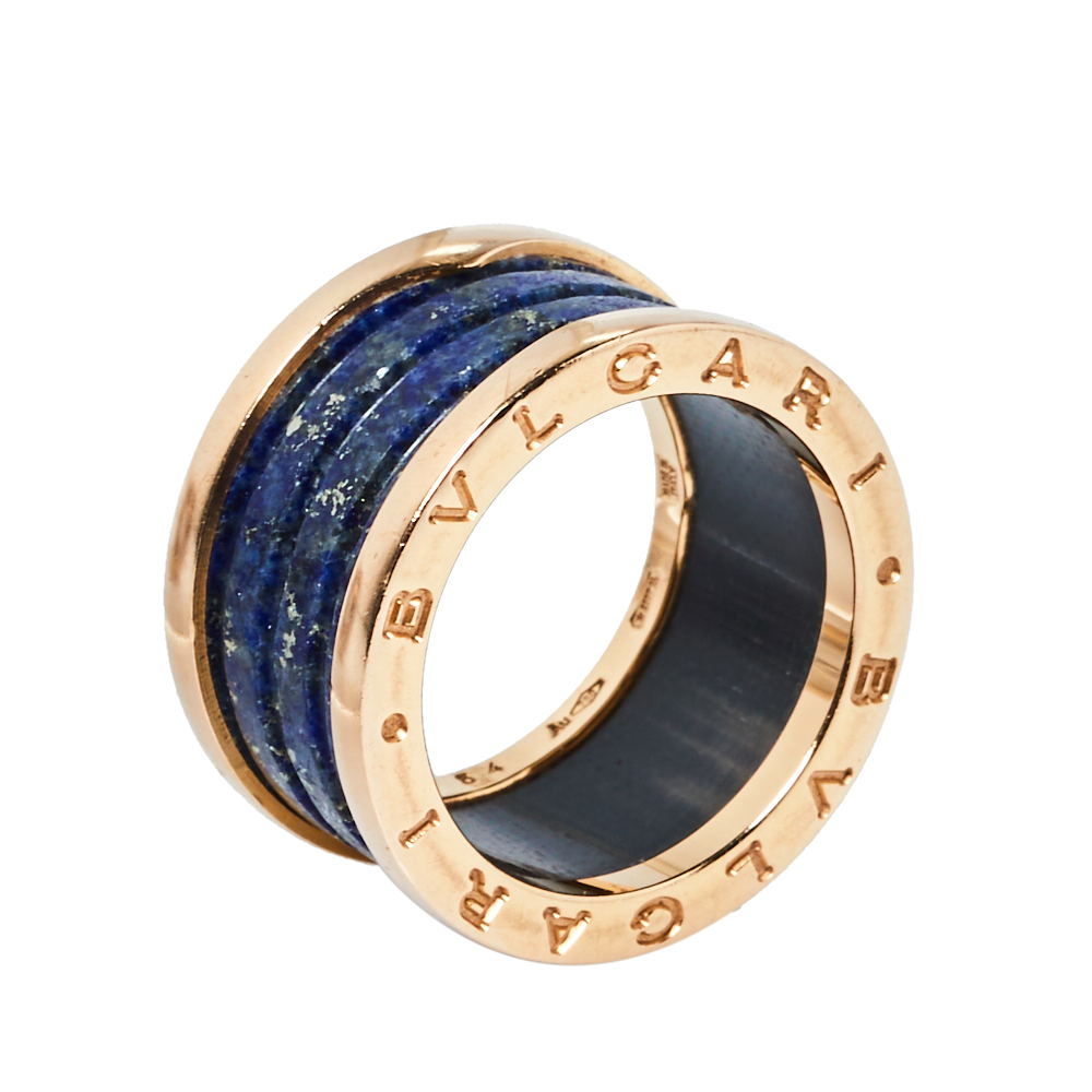Pre-owned Bvlgari B.zero1 Lapis Lazuli 18k Rose Gold Three Band Ring Size 54