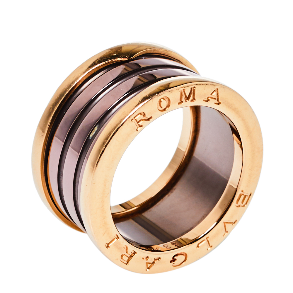 Click to view more detailed imagery on our partner's website Pre-owned Bvlgari B.zero1 Roma Bronze Ceramic 18k Rose Gold 4-band Ring Size 53