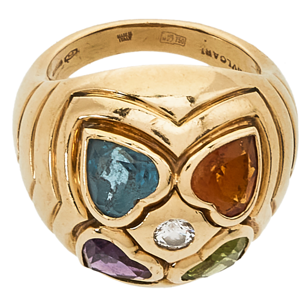 

Bvlgari Diamond Multicolor Heart Shaped Gemstone 18K Yellow Gold Ring Size