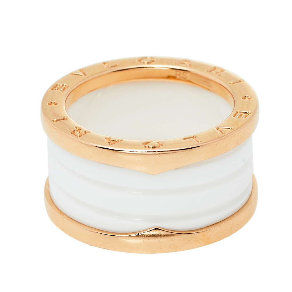 

Bvlgari B.Zero1 White Ceramic 18K Rose Gold 4 Band Ring Size
