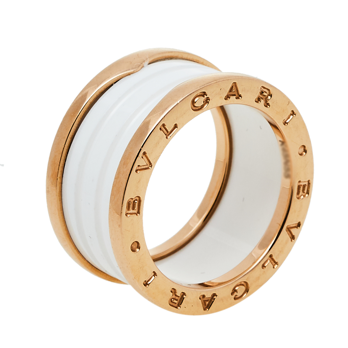 Pre-owned Bvlgari B.zero1 White Ceramic 18k Rose Gold 4 Band Ring Size 55