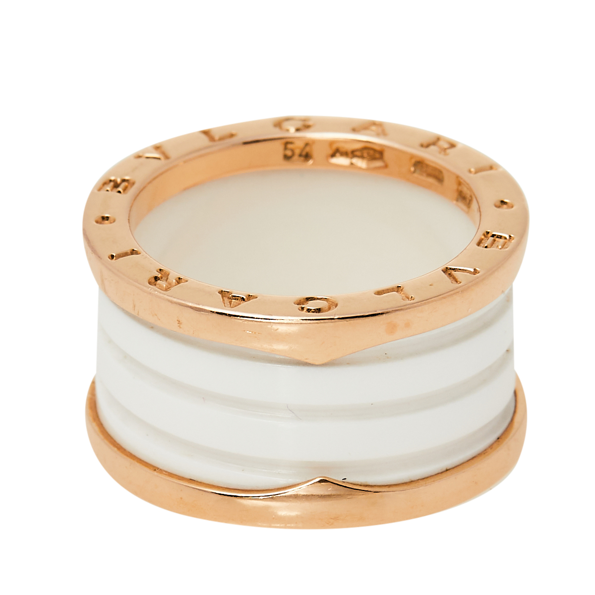 

Bvlgari B.Zero1 White Ceramic 18K Rose Gold 4-Band Ring Size