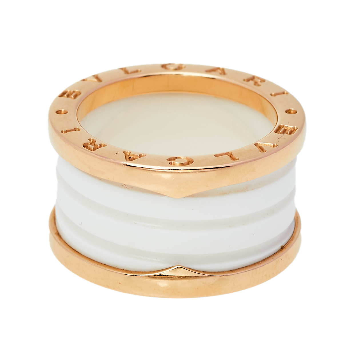 

Bvlgari B.Zero1 White Ceramic 18k Rose Gold 4 Band Ring Size