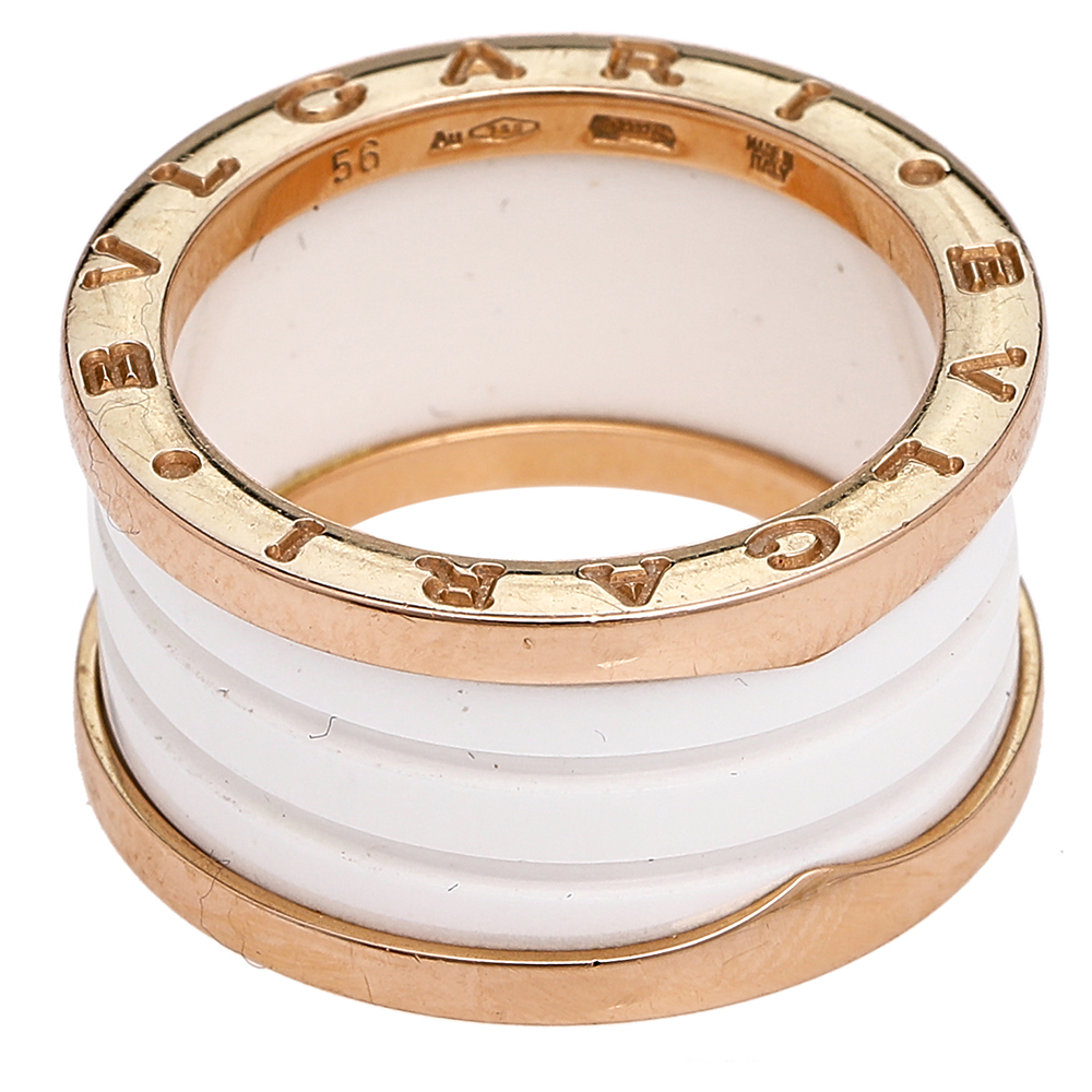 

Bvlgari B.Zero1 White Ceramic 18k Rose Gold 4-Band Ring Size