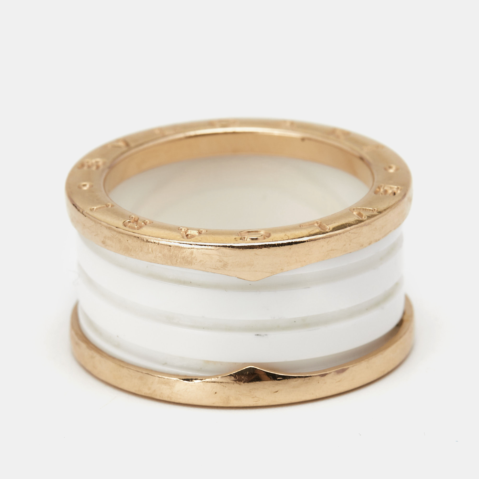 

Bvlgari B.Zero1 White Ceramic 18k Rose Gold 4-Band Ring Size