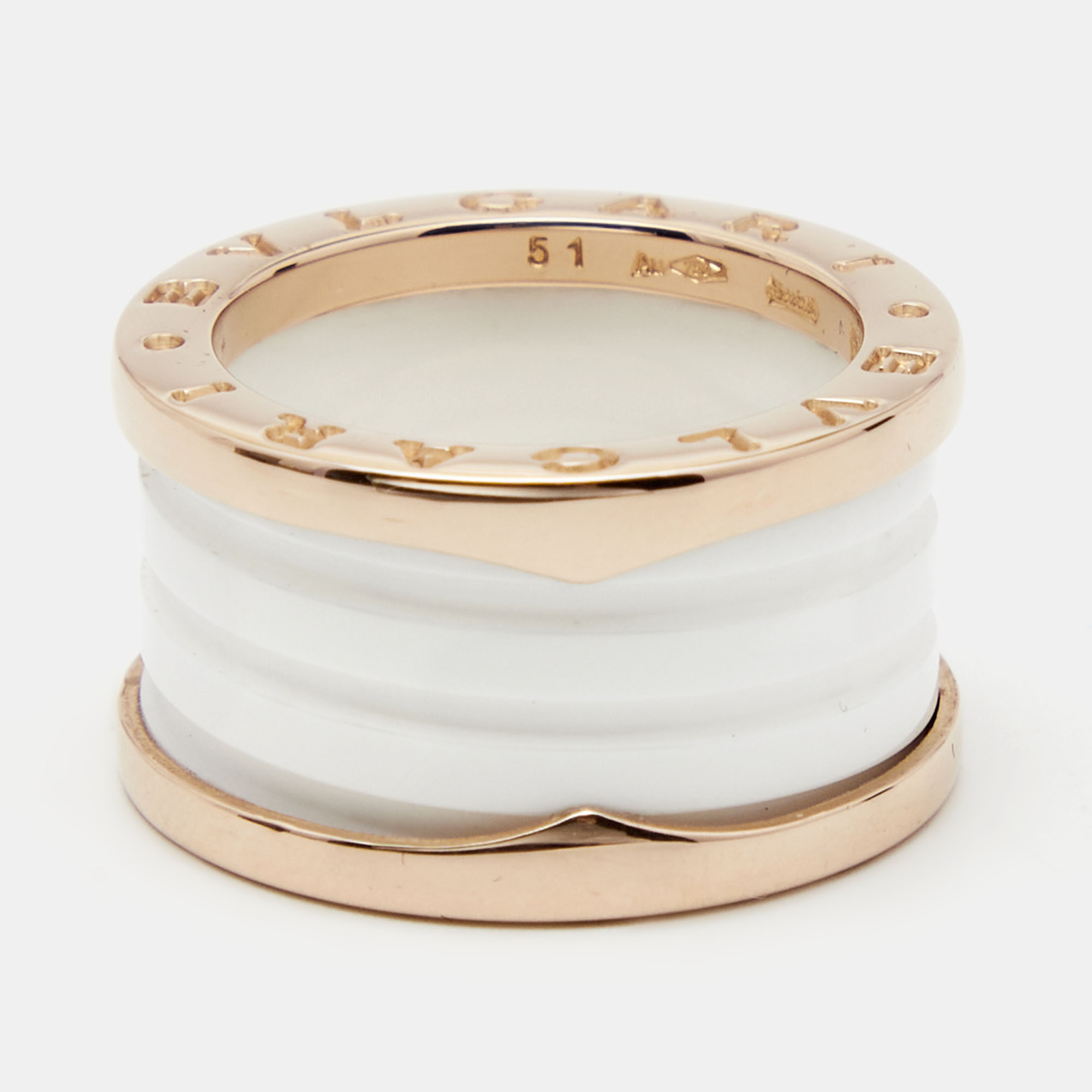 

Bvlgari B.Zero White Ceramic 18k Rose Gold 4-Band Ring Size