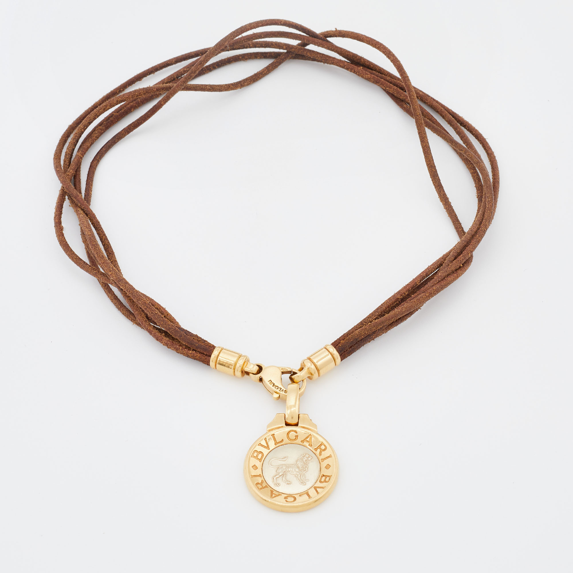 Pre Owned Bvlgari Zodiac 18k Two Tone Gold Leather Cord Pendant Necklace