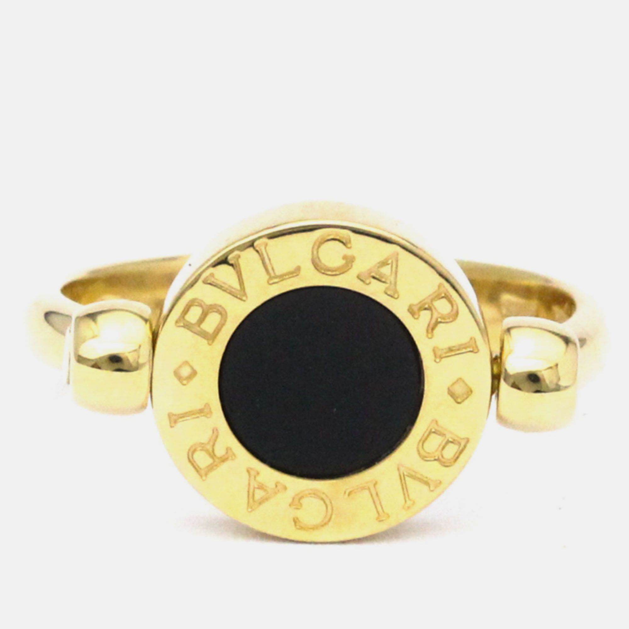 Pre-owned Bvlgari Flip 18k Yellow Gold Onyx And Coral Ring Eu 50.5