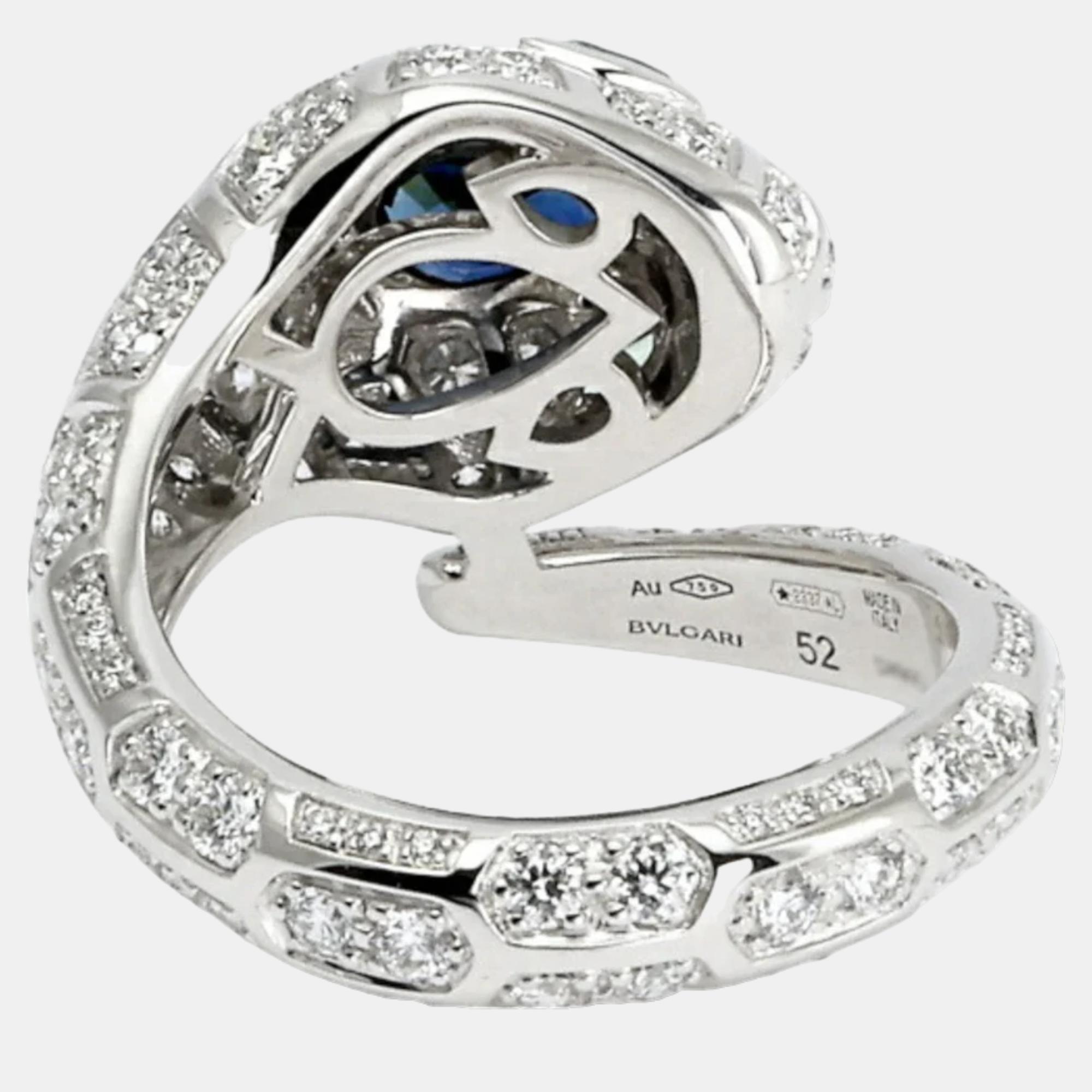 

Bvlgari Serpenti 18K White Gold Diamond Sapphire and Emerald Ring EU 52