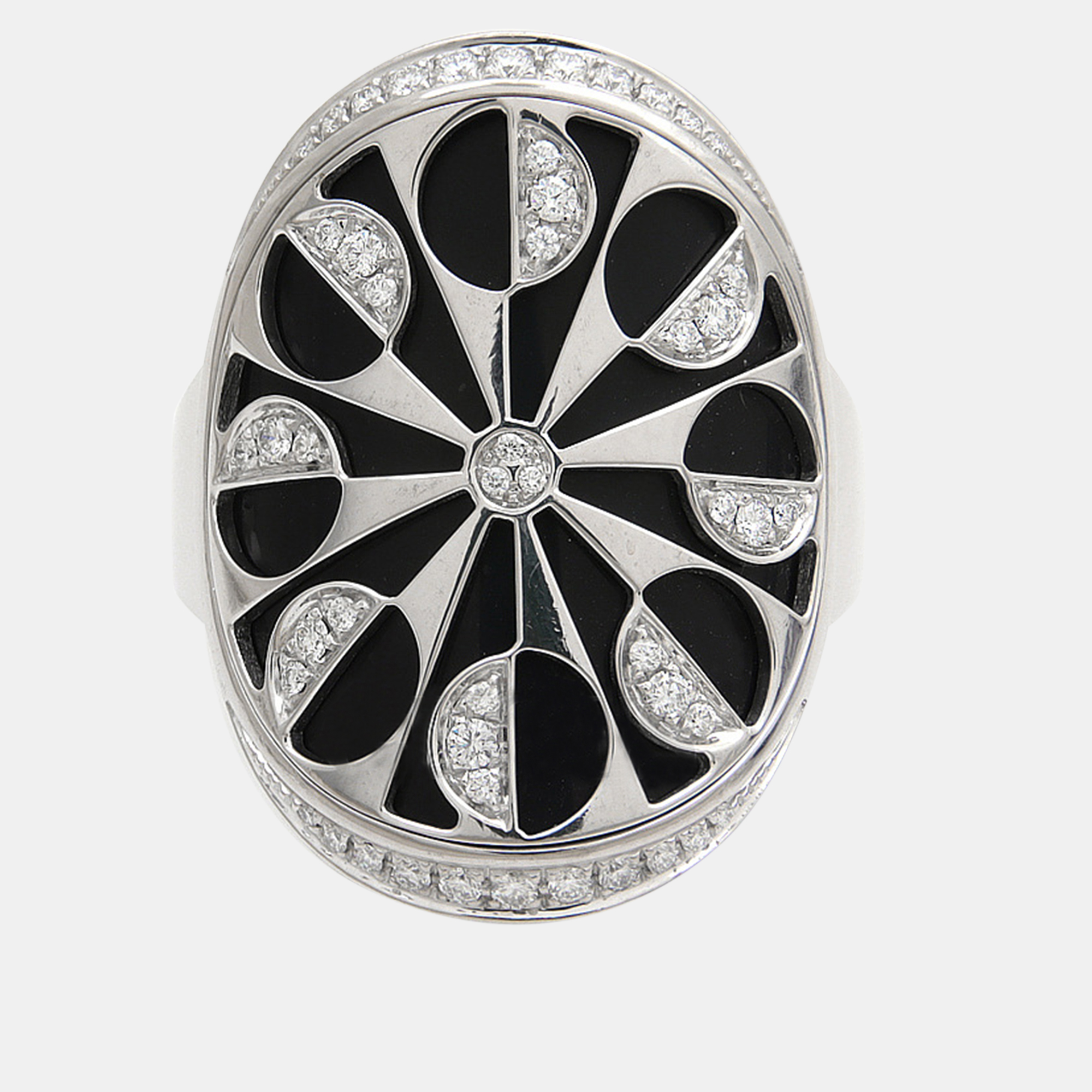 Pre-owned Bvlgari 18k White Gold Diamond & Onyx Intarsio Ring Us 11.5