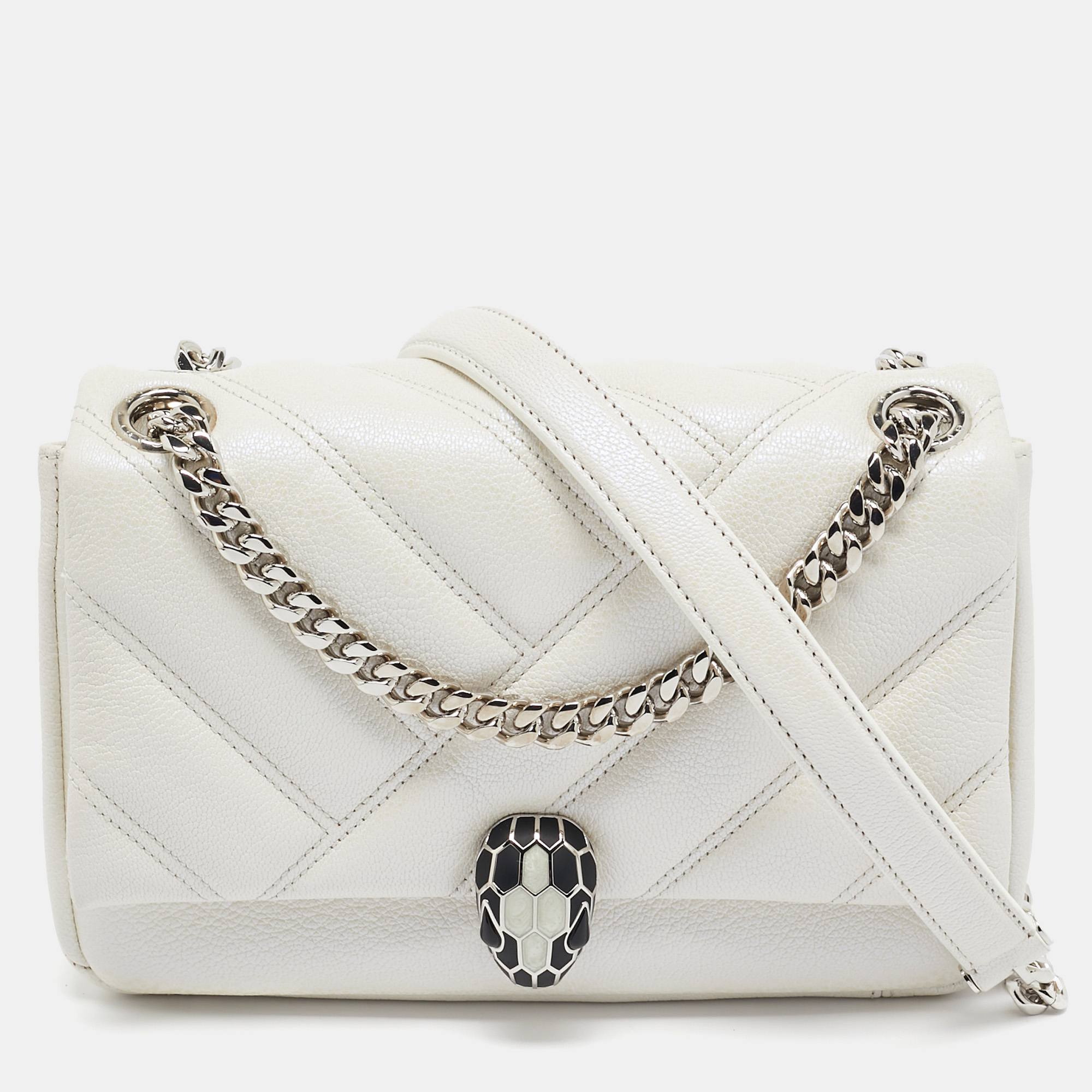 

Bvlgari Pearl White Quilted Iridescent Leather Small Serpenti Cabochon Shoulder Bag