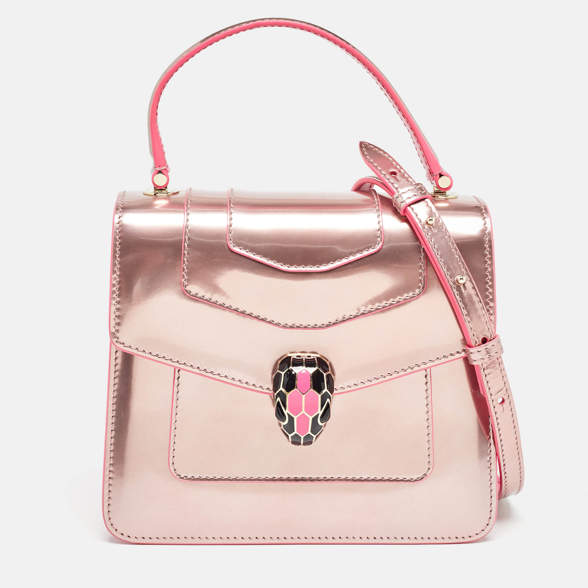 

Bvlgari Rose Gold Patent Leather Small Serpenti Forever Top Handle Bag, Pink