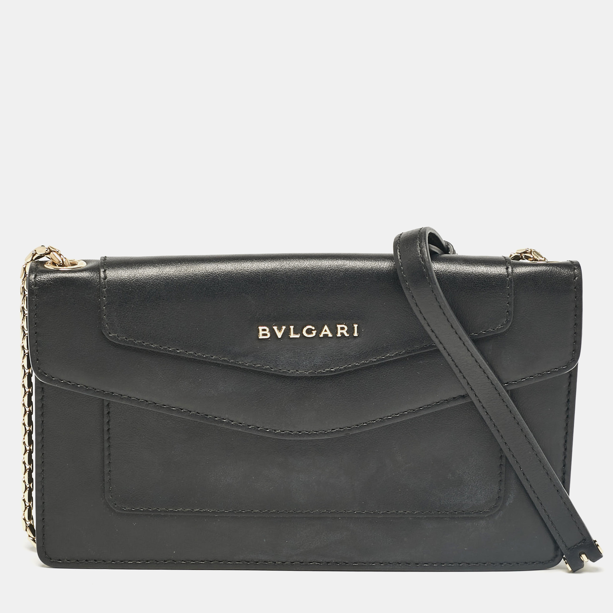 

Bvlgari Black Leather Flap Clutch Bag