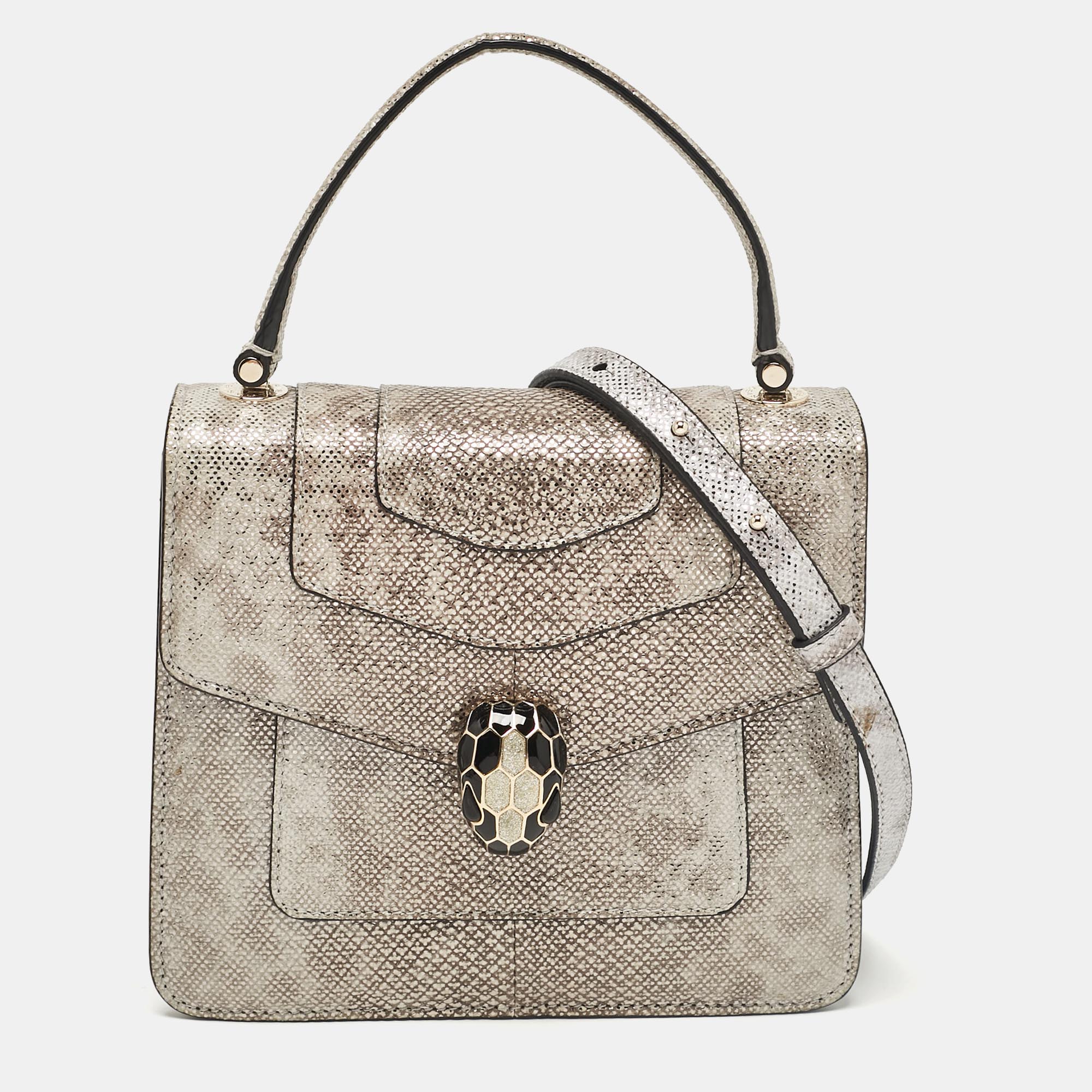 

Bvlgari Silver/Beige Karung Leather  Serpenti Forever Top Handle Bag