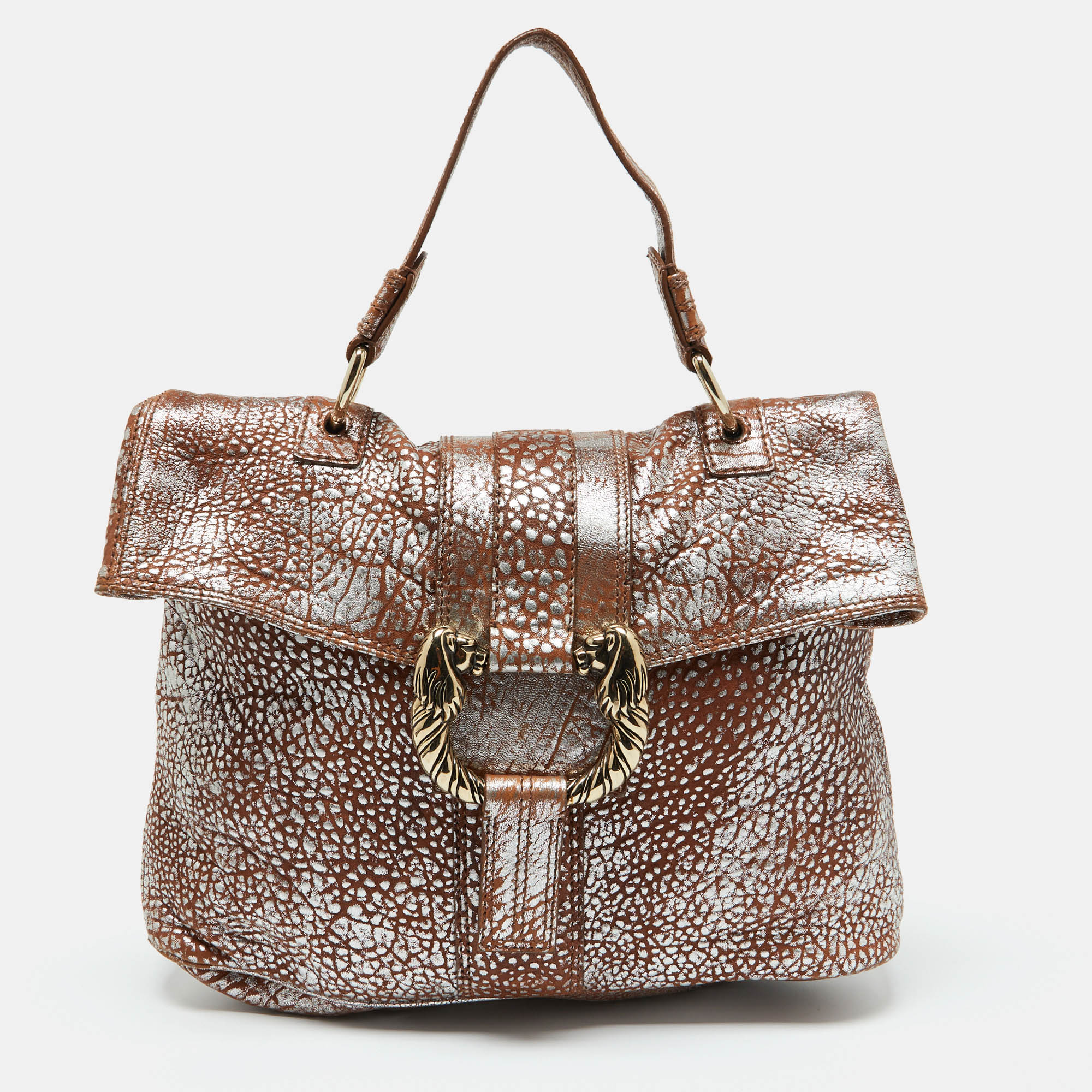 

Bvlgari Brown/Silver Leather Leoni Top Handle Bag