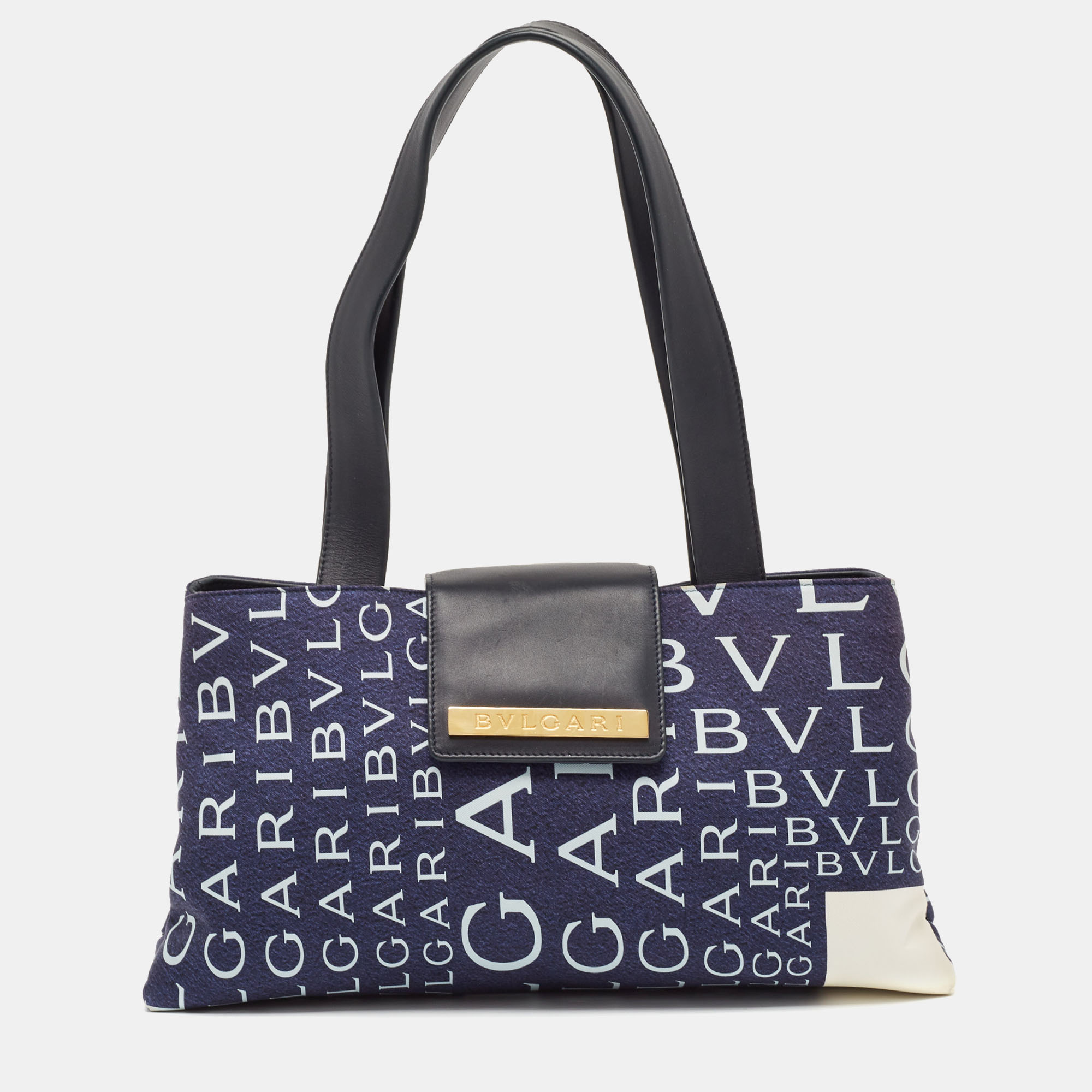 

Bvlgari Navy Blue/Blue Fabric and Leather Logo Mania Flap Tote