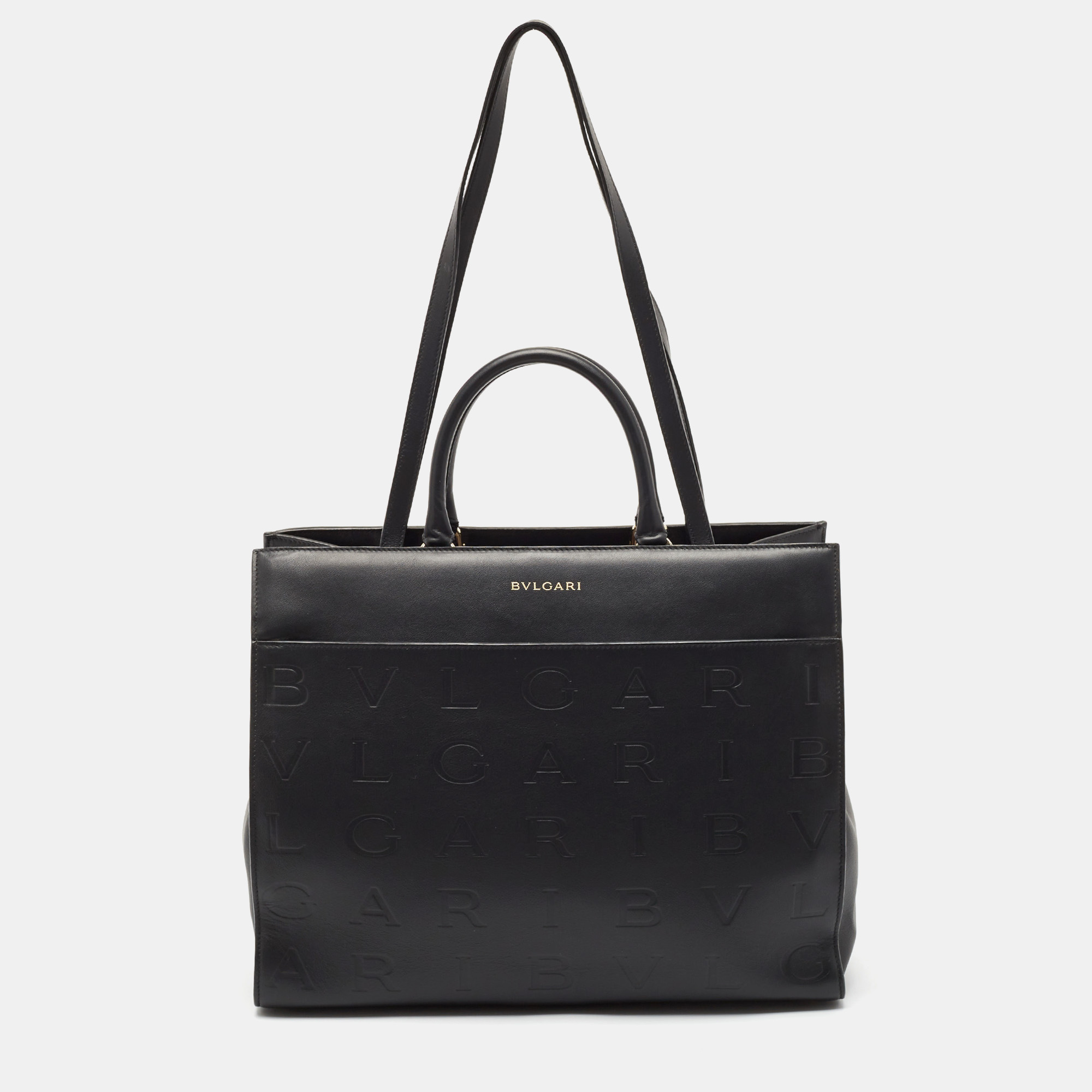 

Bvlgari Black Leather Logo Embossed Tote