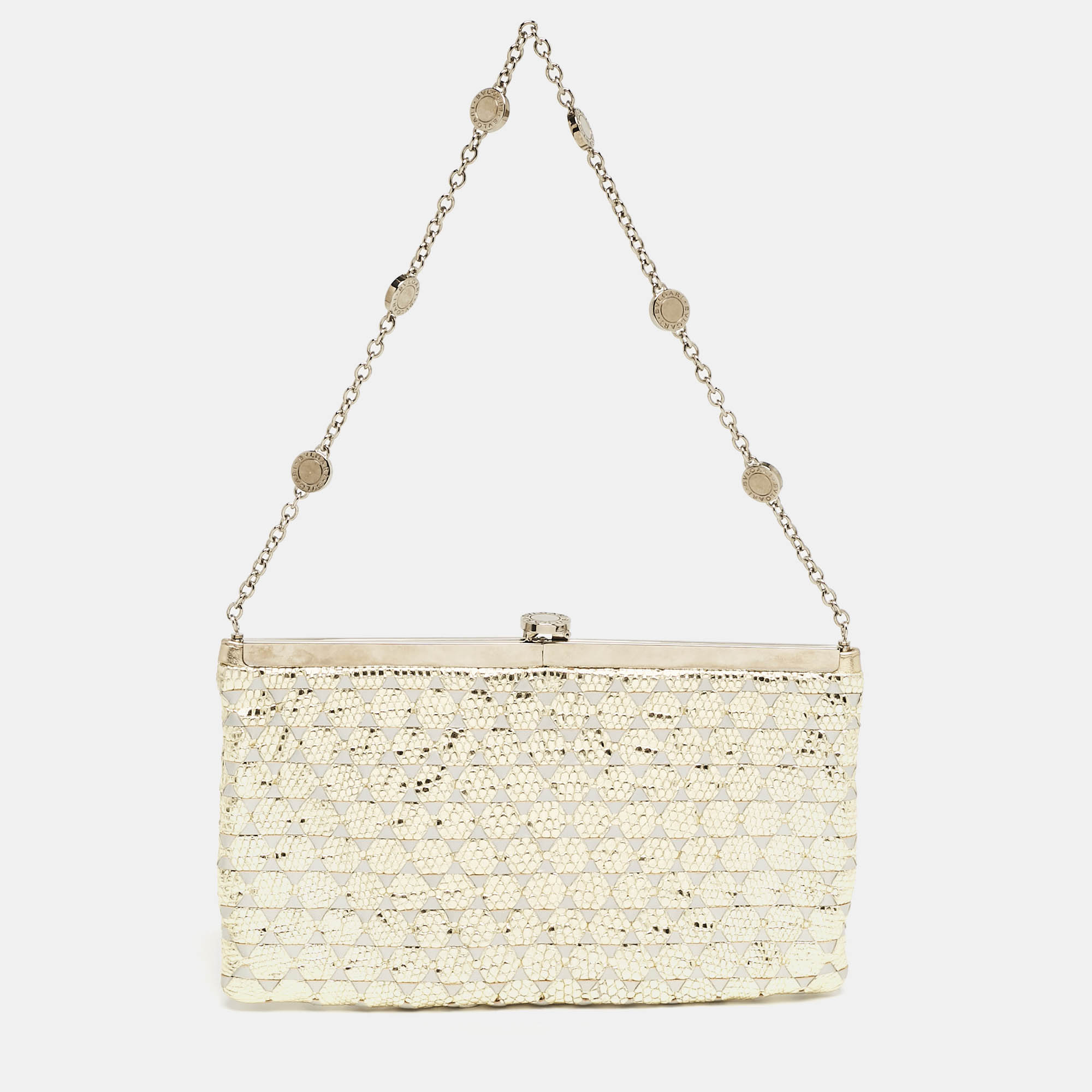 

Bvlgari Gold/Grey Karung and Leather Frame Chain Clutch