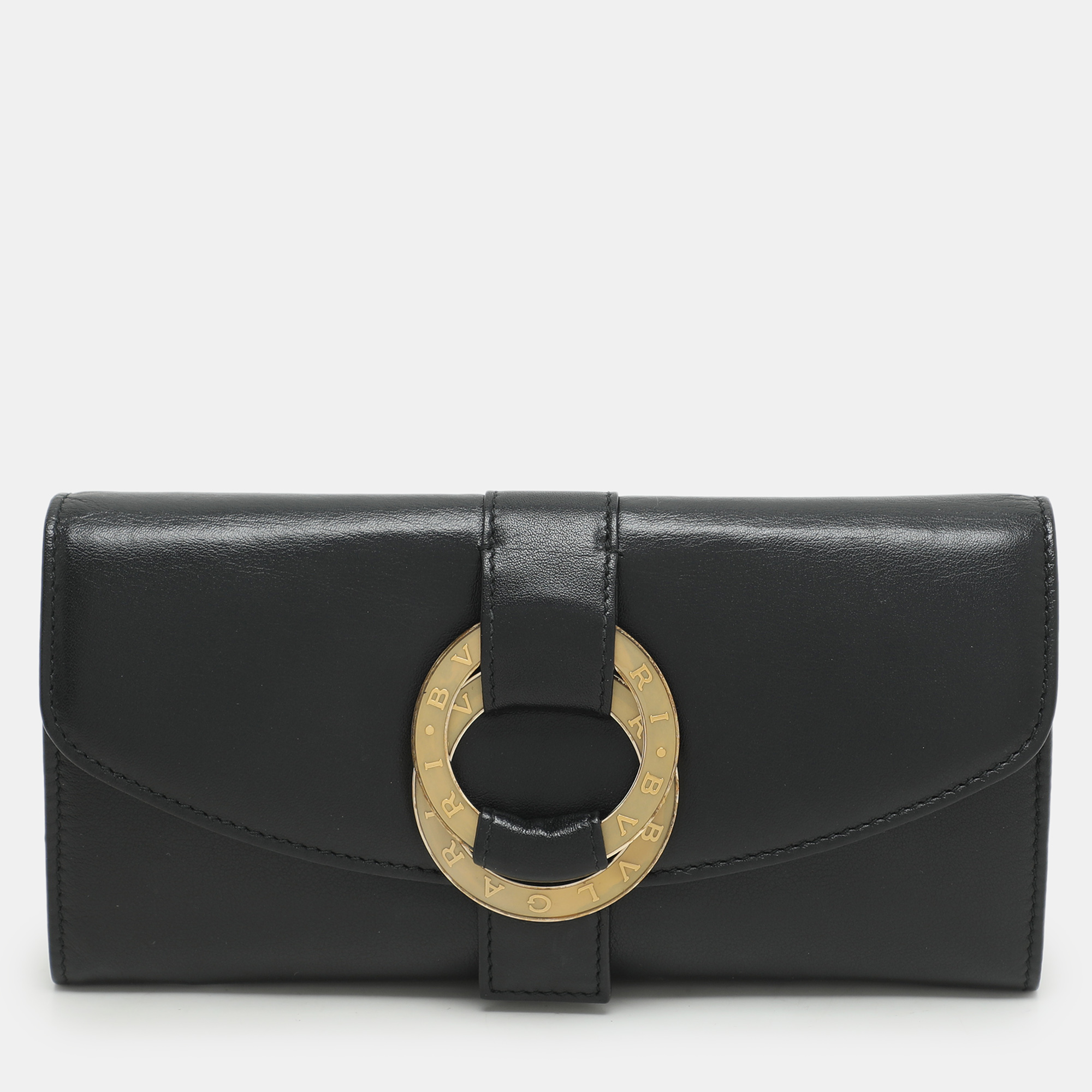 

Bvlgari Black Leather Double Ring Flap Continental Wallet