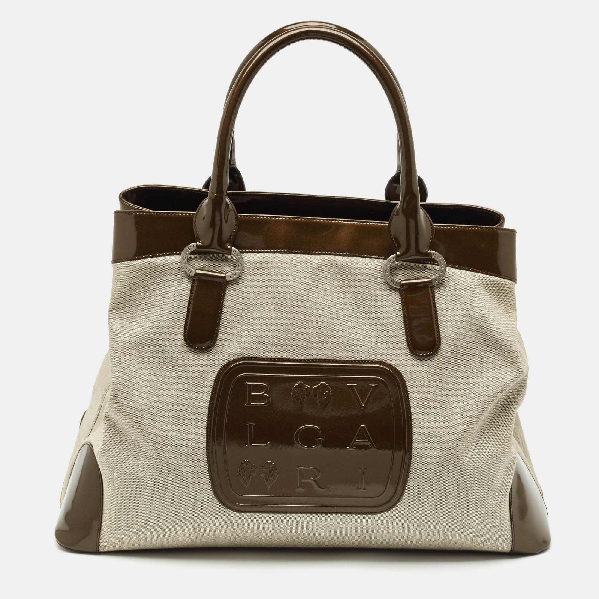 Pre-owned Bvlgari Dark Brown/grey Patent Leather And Canvas Middle Zip Tote