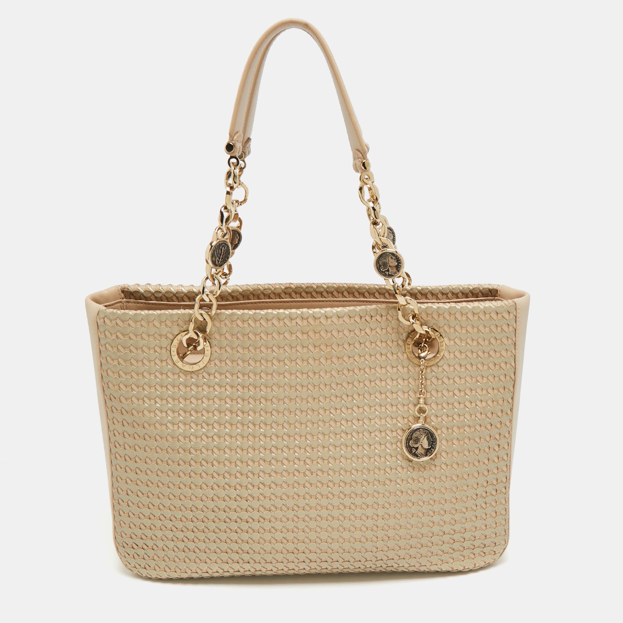 

Bvlgari Beige/Silver Woven Leather Monte Plisse Shopper Tote