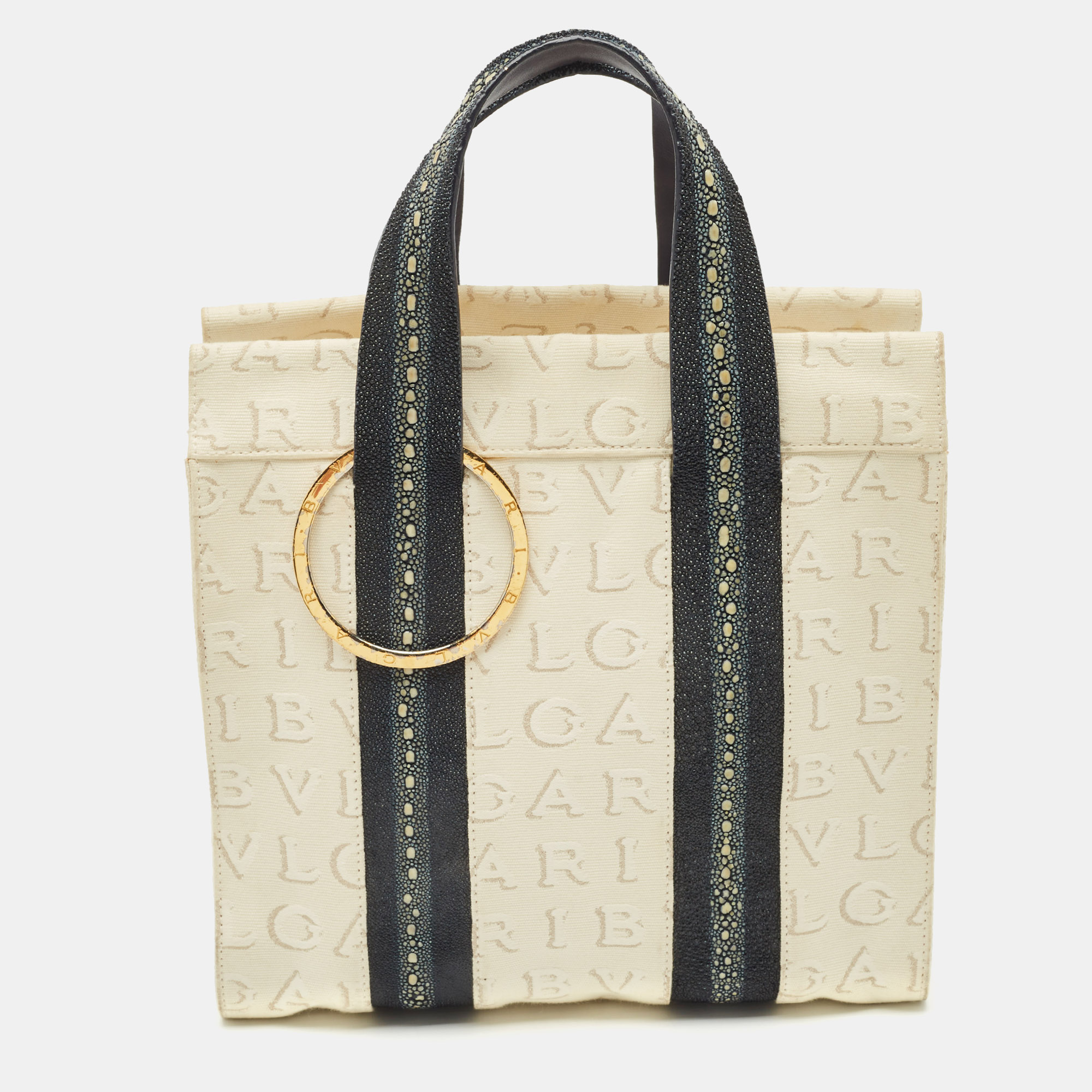 Pre-owned Bvlgari Blue/off White Logomania Canvas And Stingray Bangle Tote