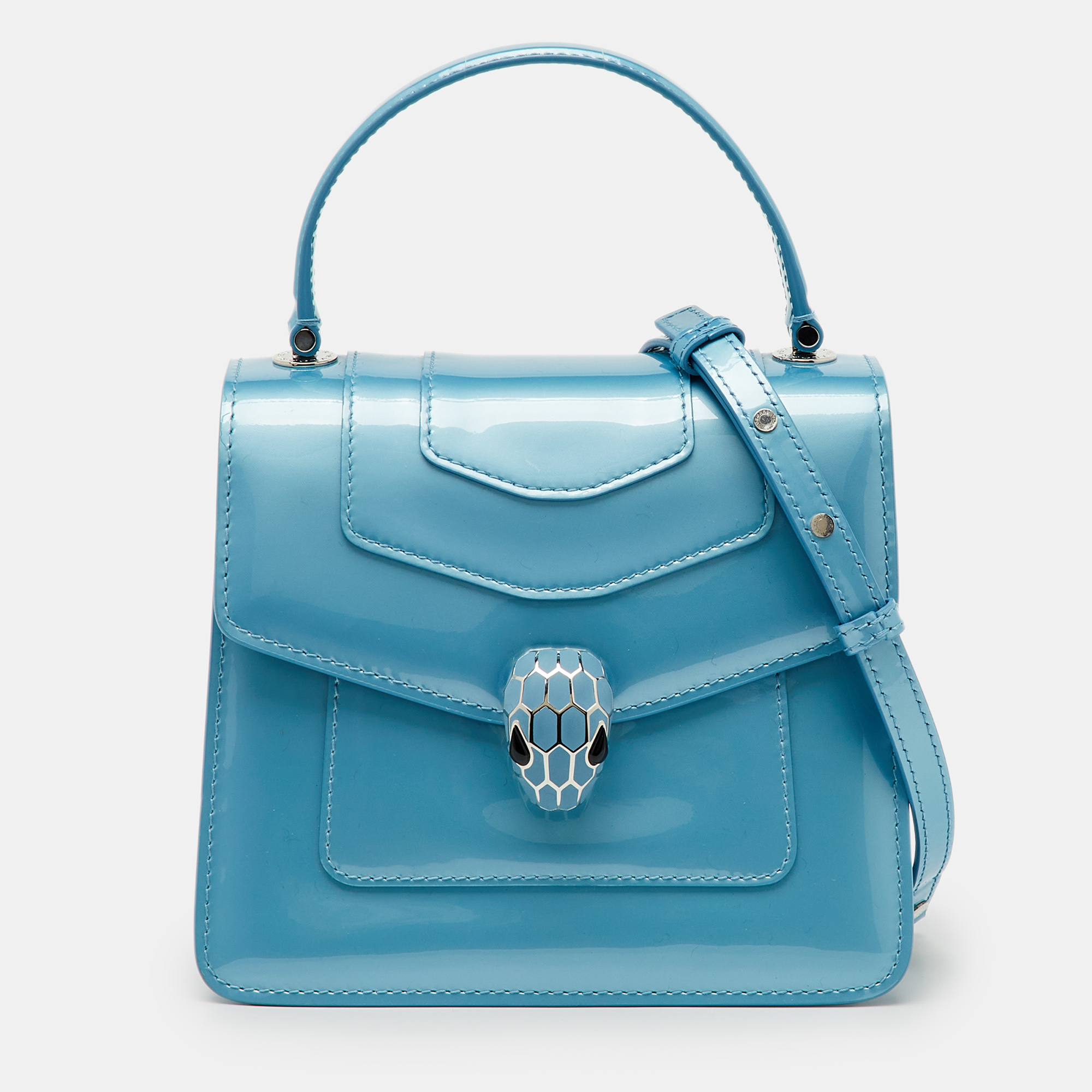 

Bvlgari Blue Patent Leather Serpenti Forever Small Top Handle Bag