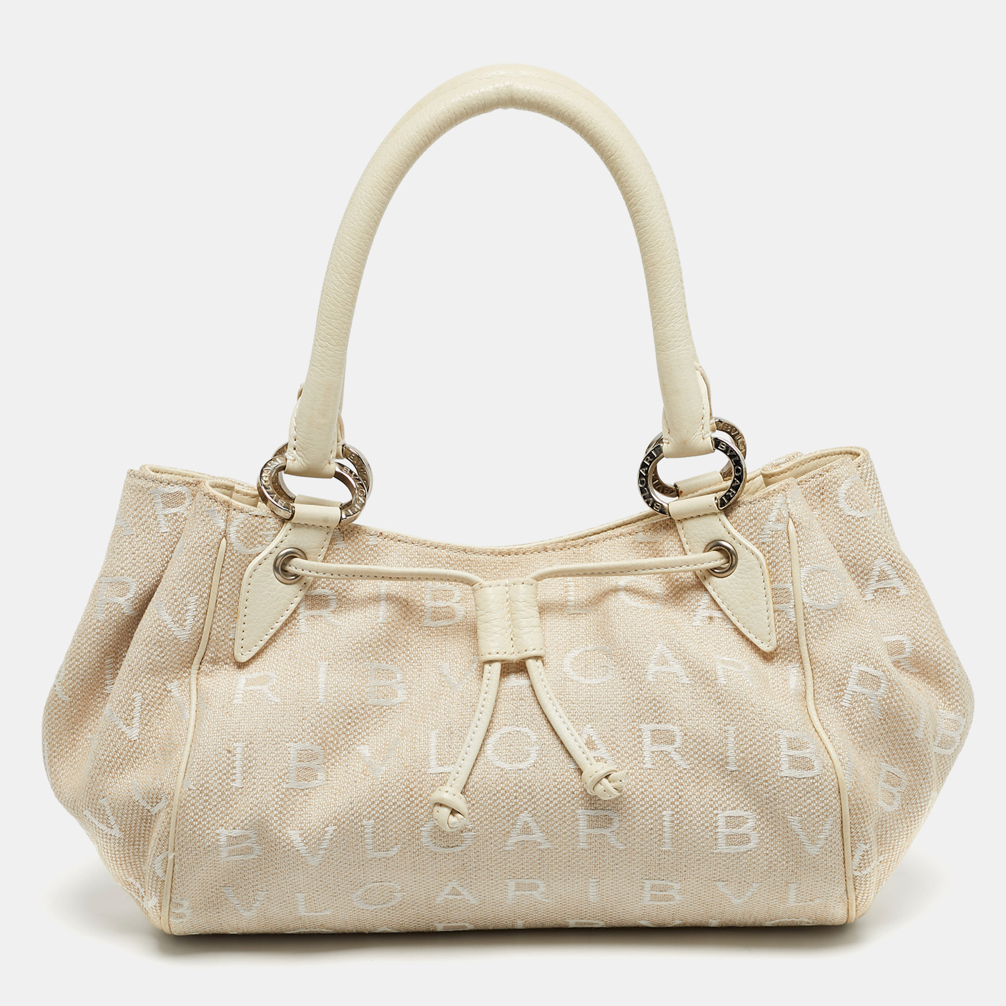 Pre-owned Bvlgari Beige/white Canvas And Leather Logomania Tote In Sand