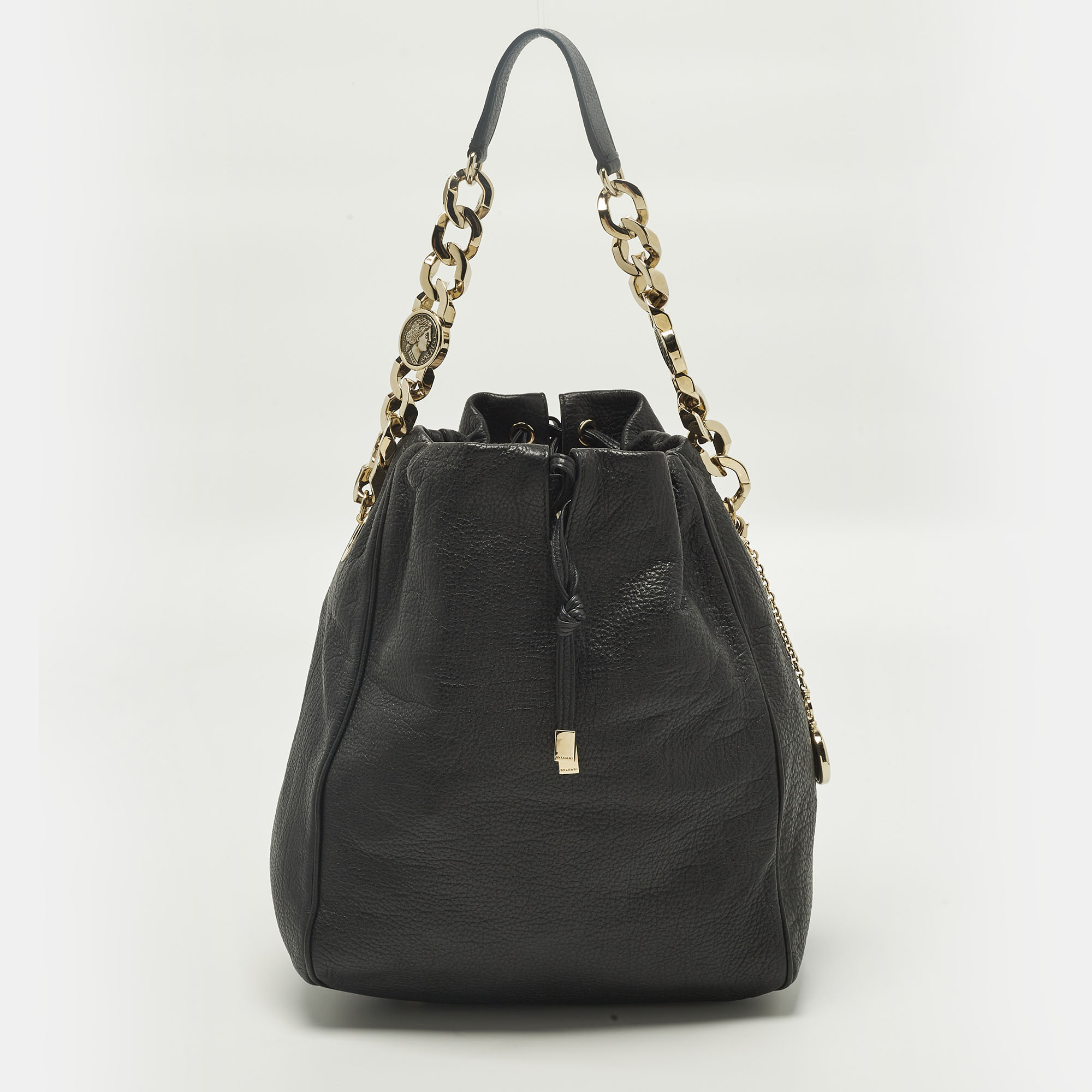 

Bvlgari Monete Black Leather Drawstring Bucket Bag