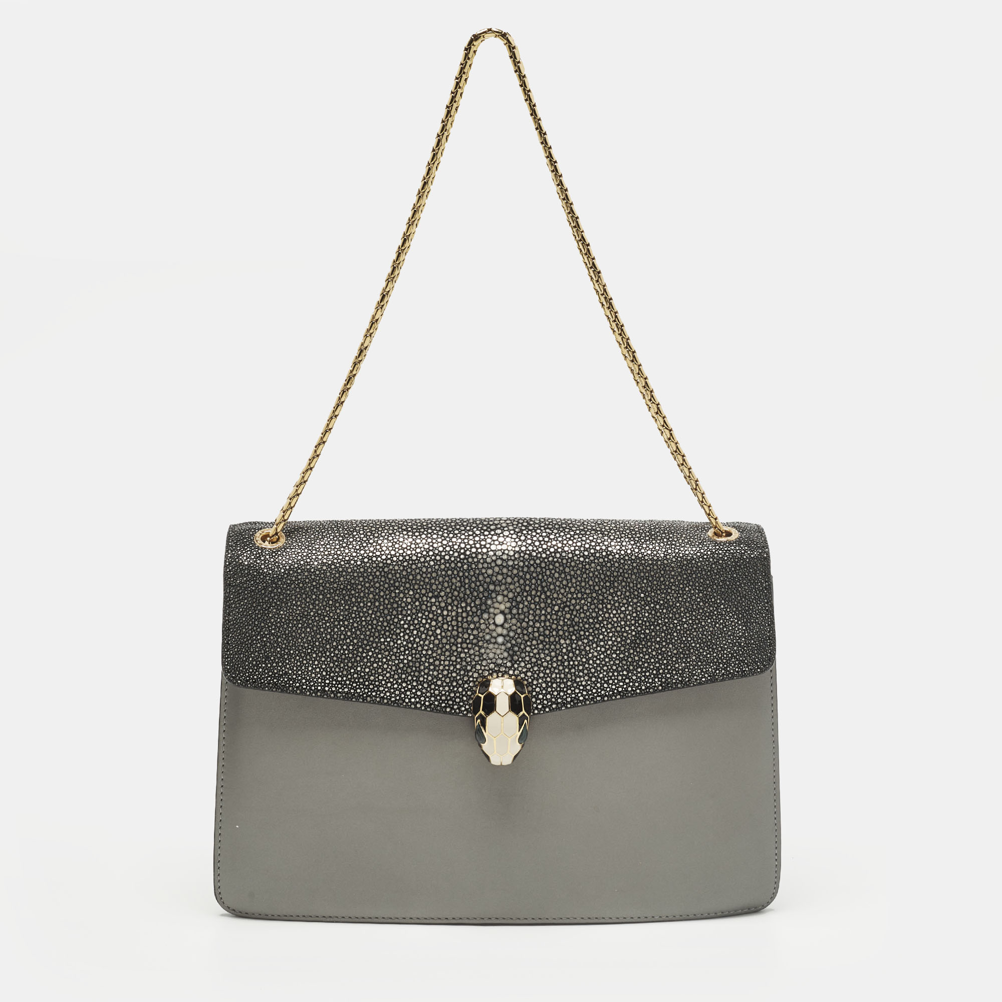 

Bvlgari Serpenti Forever  Two Tone Grey Leather and Stingray Shoulder Bag