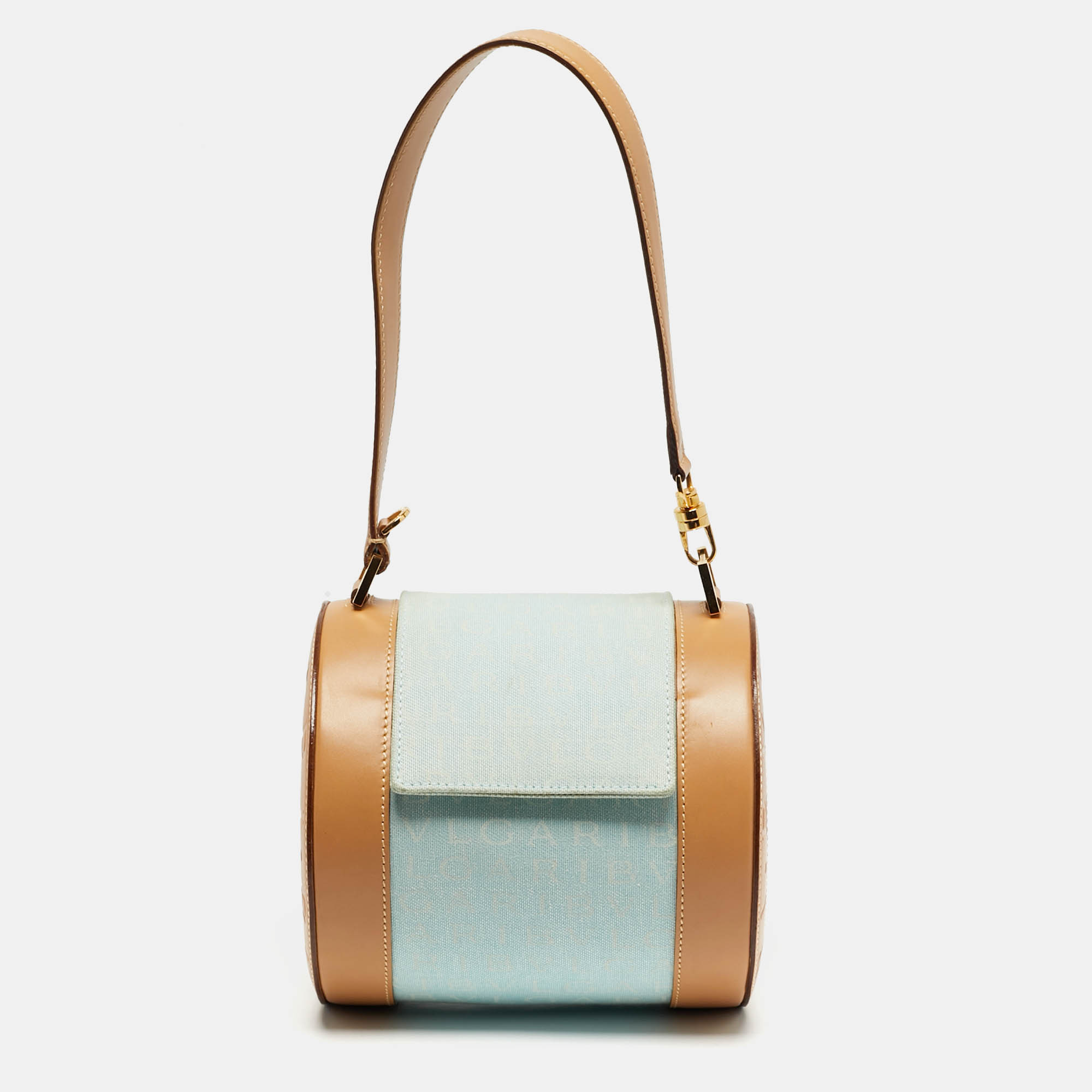 

Bvlgari Tan/Light Blue Logo Mania Fabric Cylinder Bag
