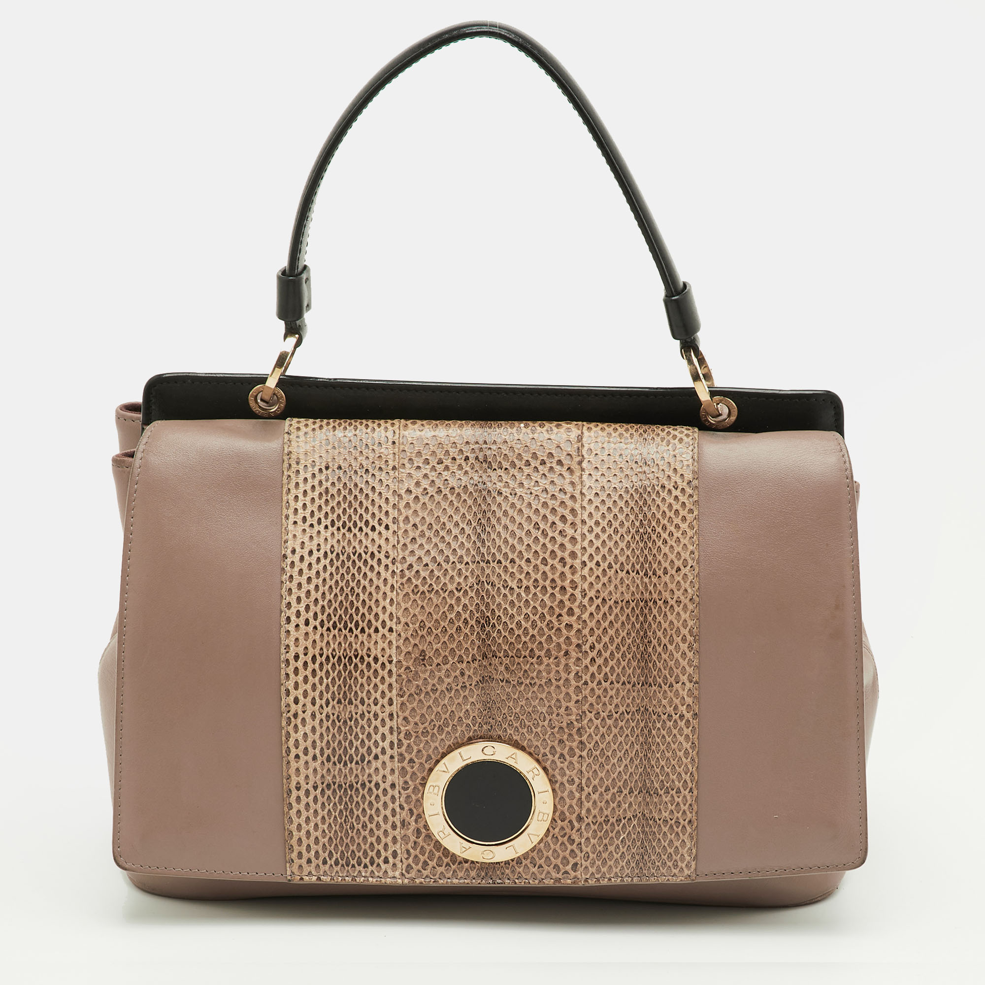 

Bvlgari Duet Brown/Beige Leather and Snakeskin Top Handle Bag