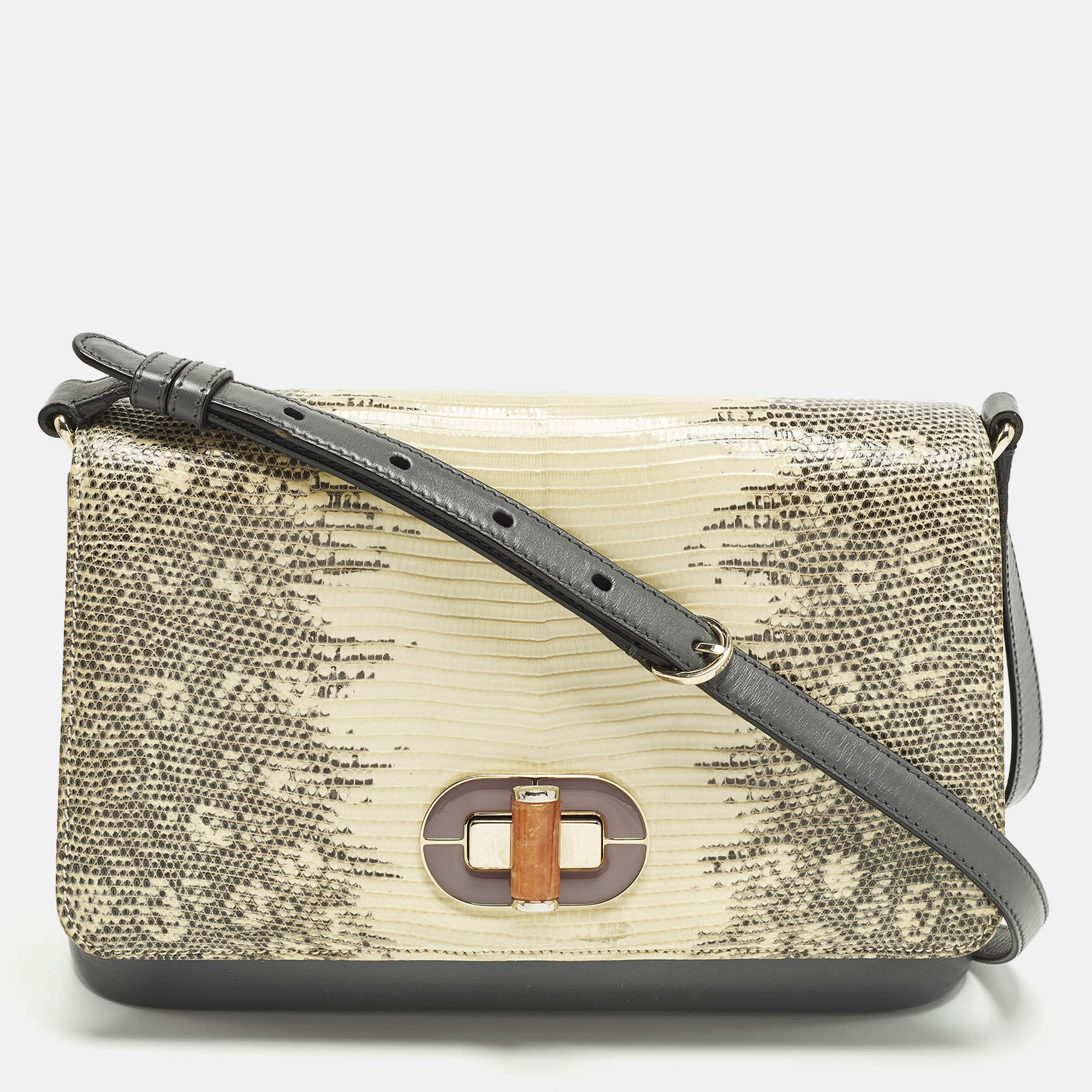 

Bvlgari Icona Grey/Cream Lizard Skin and Leather Shoulder Bag