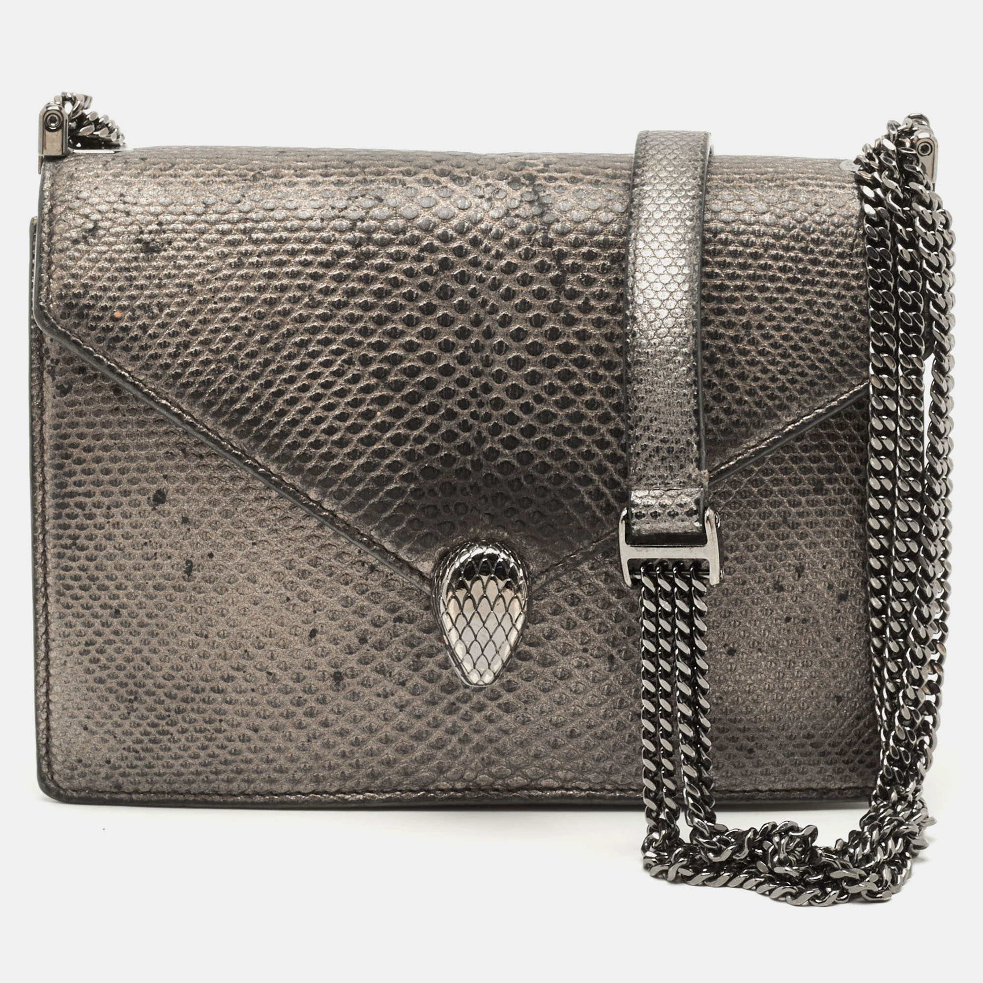 

Bvlgari Serpenti Forever Metallc Grey Karung Leather Multi Chain Shoulder Bag